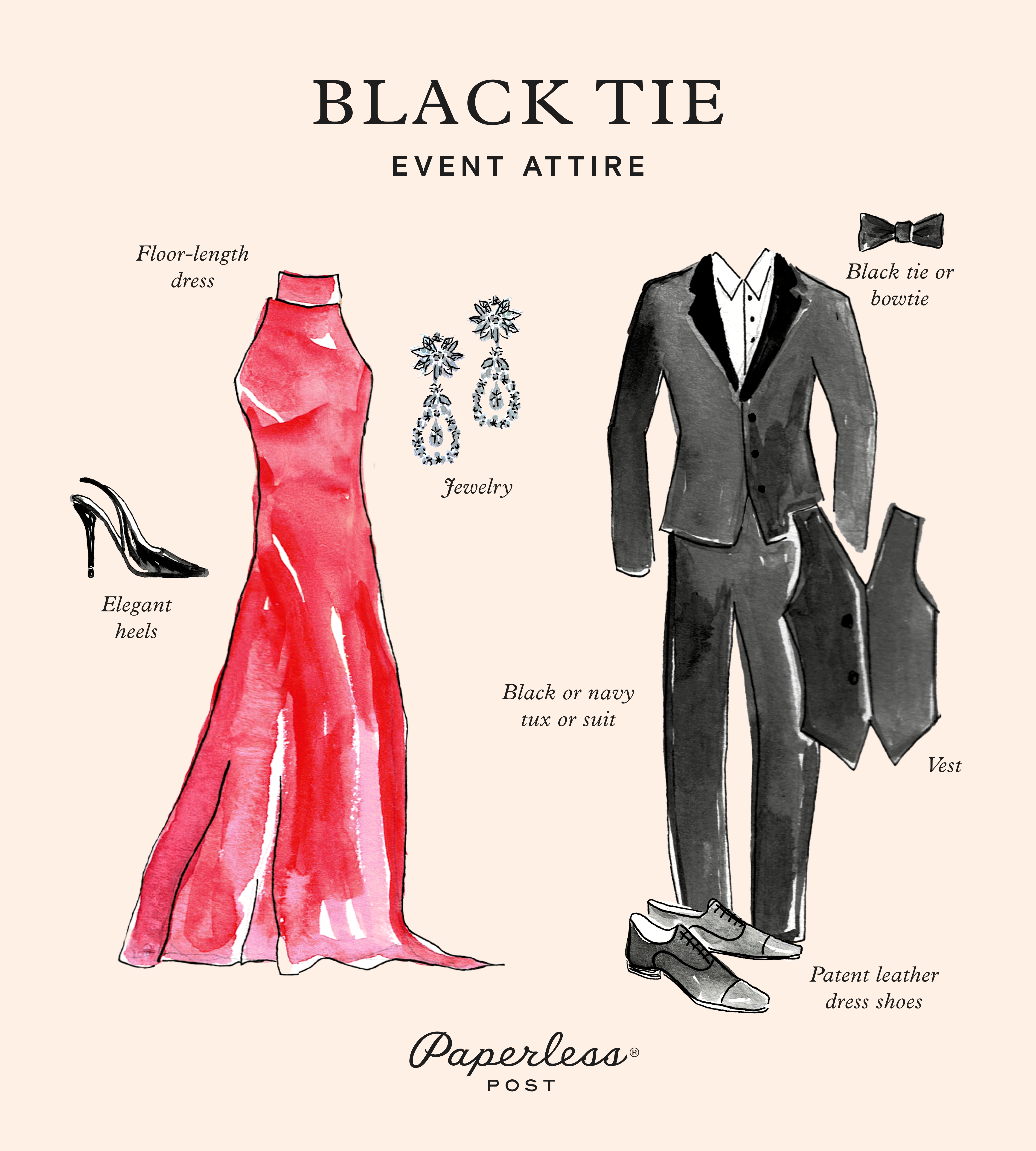 An illustration of black tie attire for women and for men featuring items from the list like a floor-length dress, elegant heels, and a well-fitted black tux.