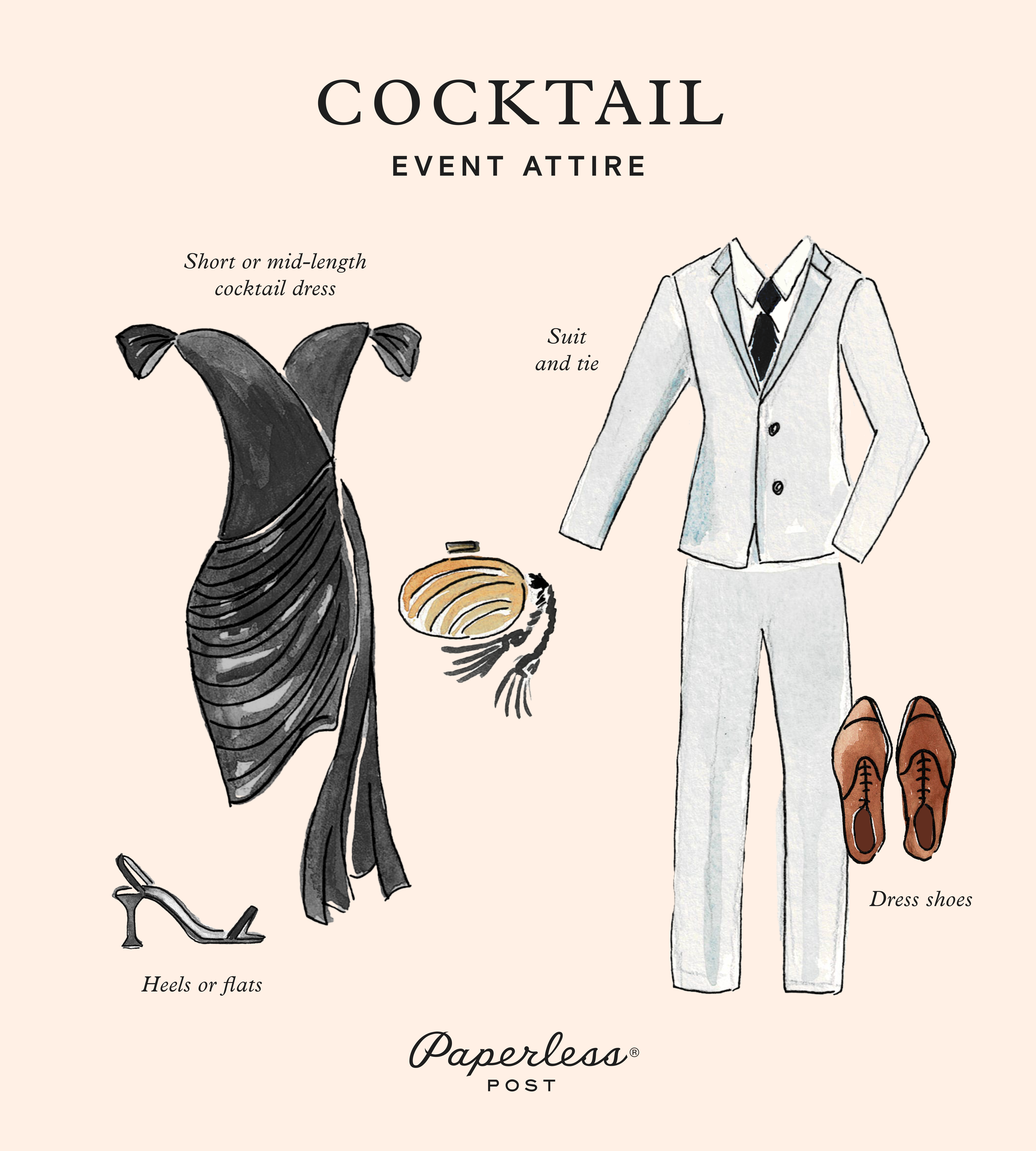An illustration of cocktail attire for women and for men featuring items from the list like a short cocktail dress and a suit and tie.