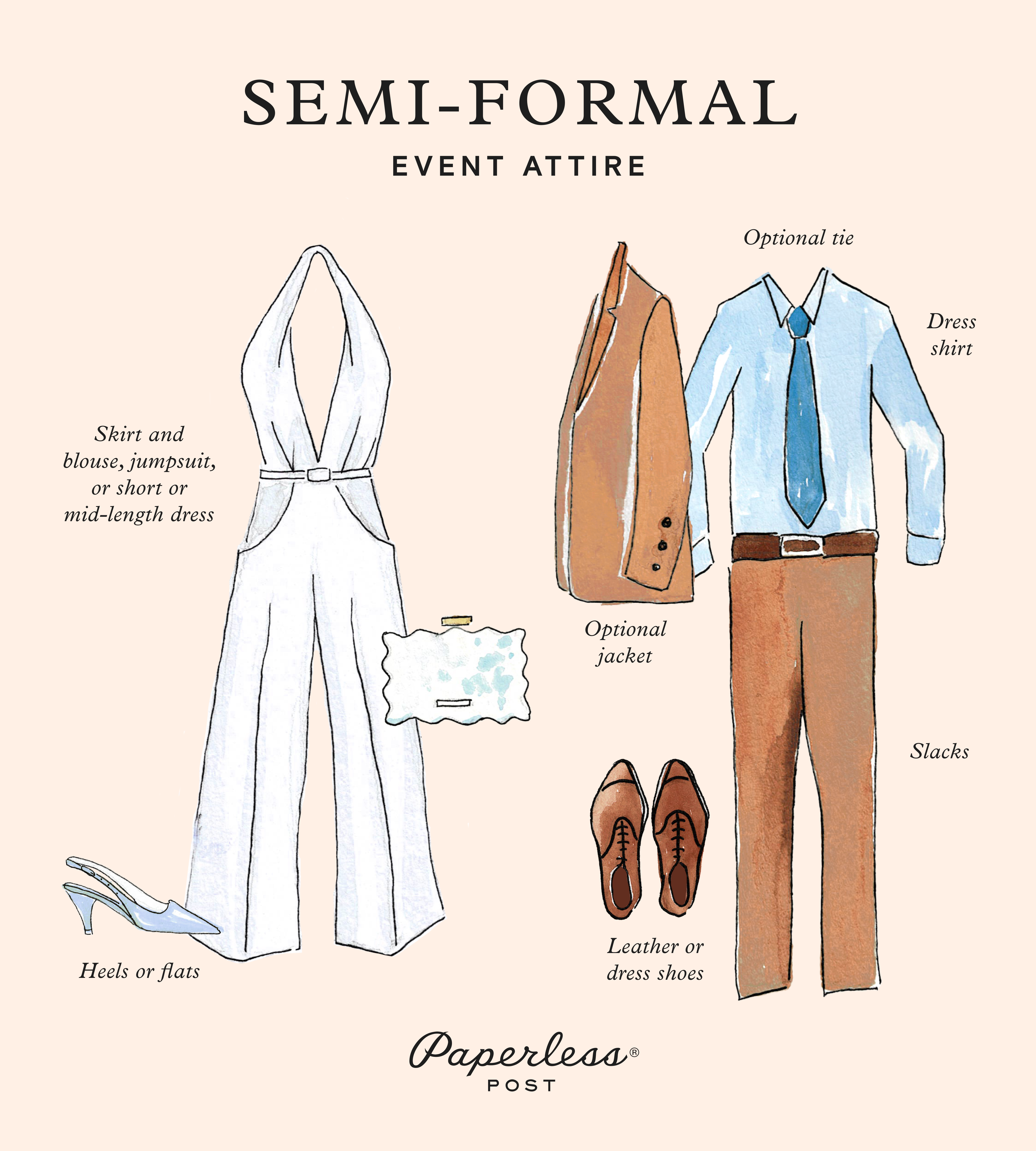 An illustration of semi-formal attire for women and for men featuring items from the list like a fancy jumpsuit, men’s slacks, and dress shoes.