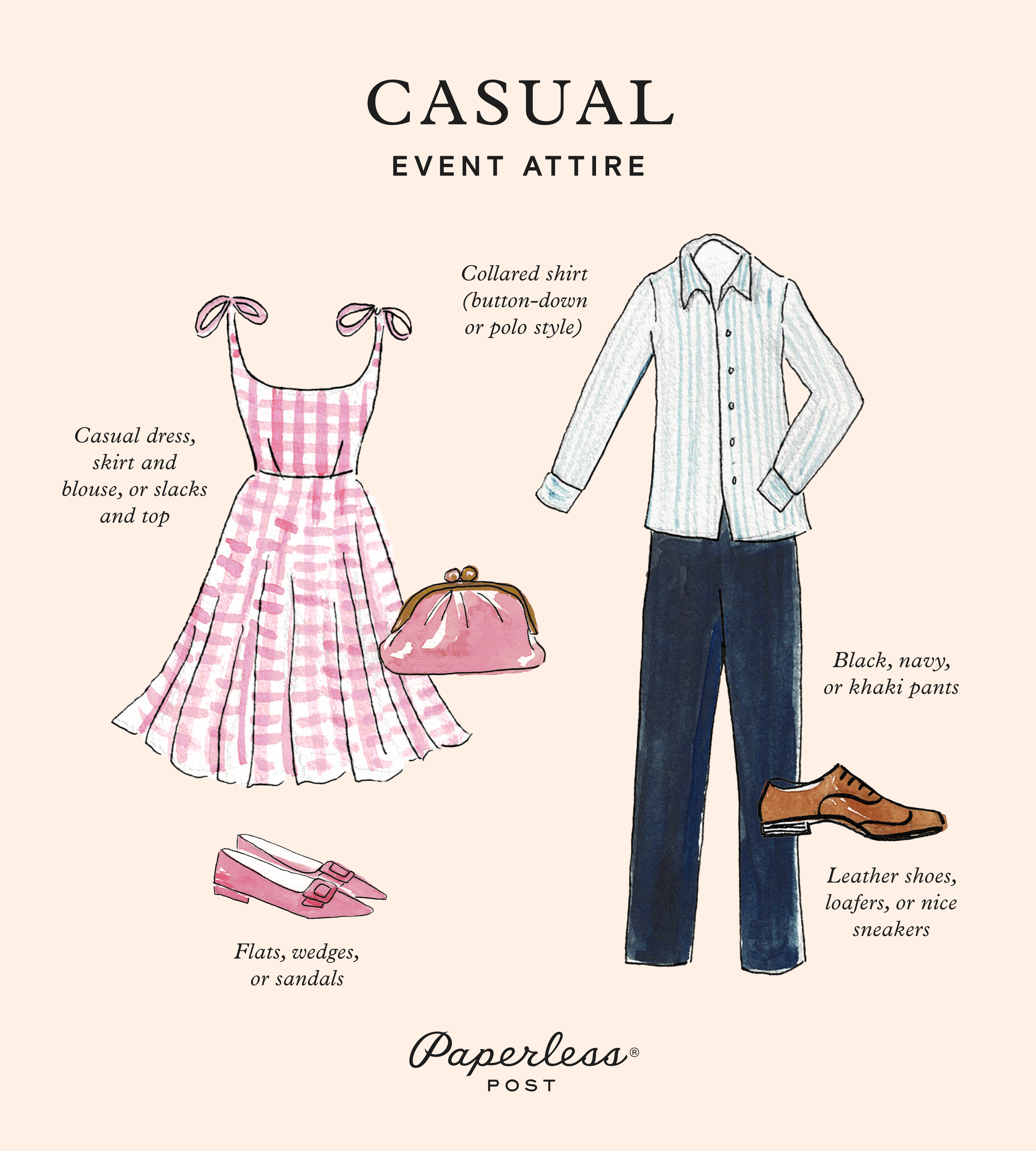 An illustration of casual attire for women and for men featuring items from the list like a sundress, a sport jacket, and navy pants.