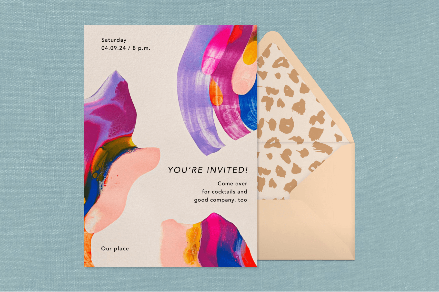 An off-white invitation with multicolored paint strokes in an abstract design over a blue background.