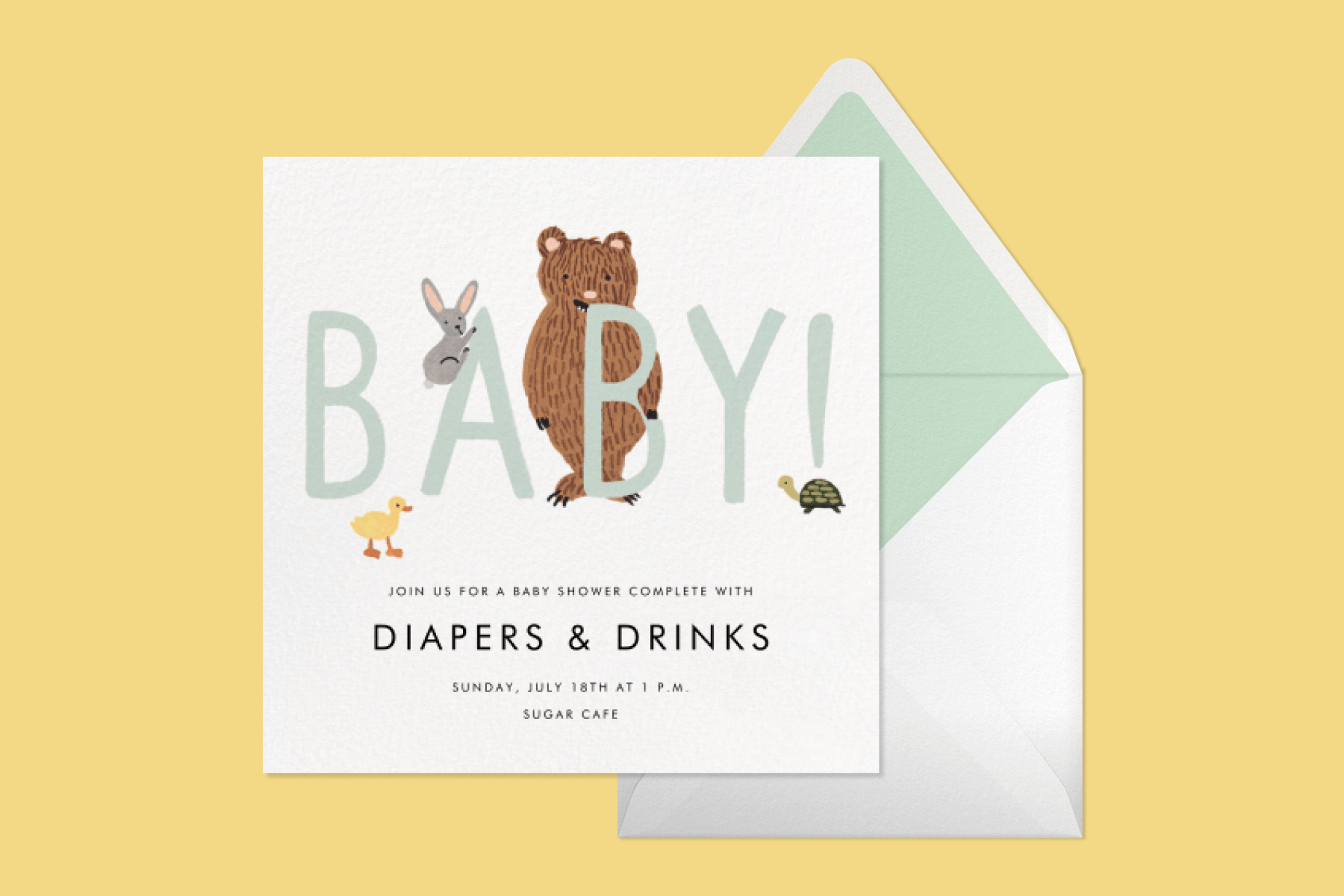 A baby shower invitation featuring the big word "Baby!" surrounded by cute forest creatures.