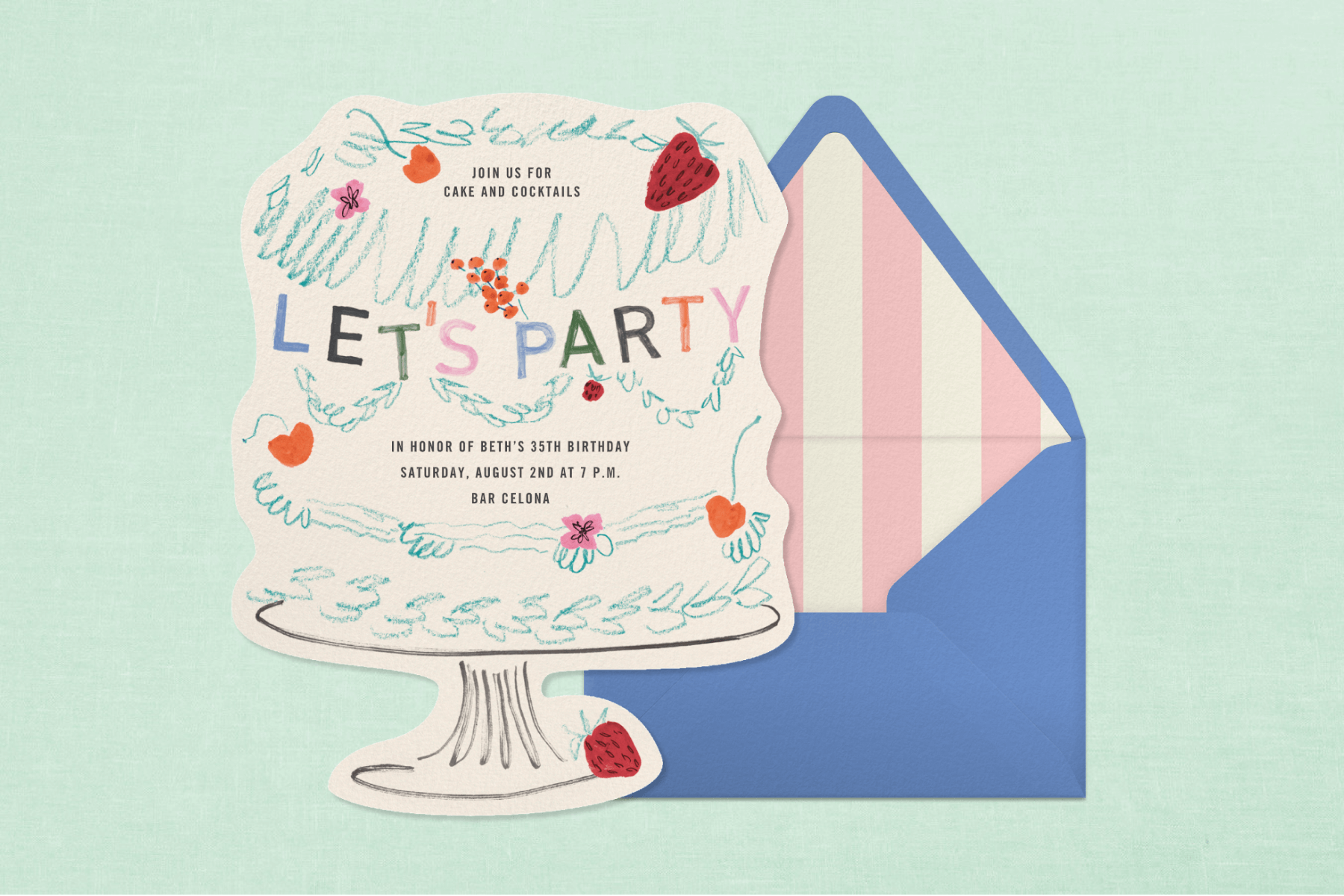 An invitation shaped like a layer cake with LET’S PARTY and a blue envelope with striped liner.