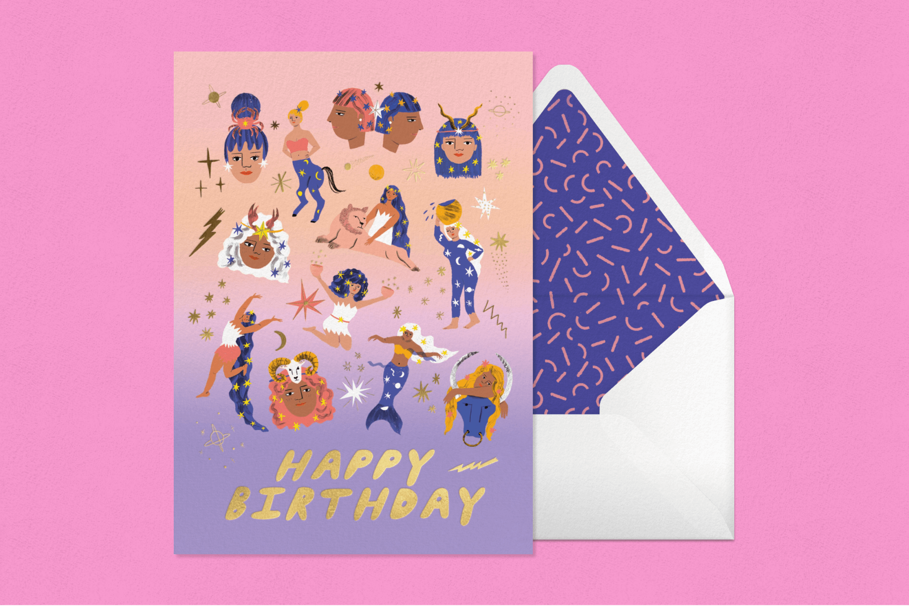 A colorful invitation for a birthday party featuring illustrations of zodiac signs.