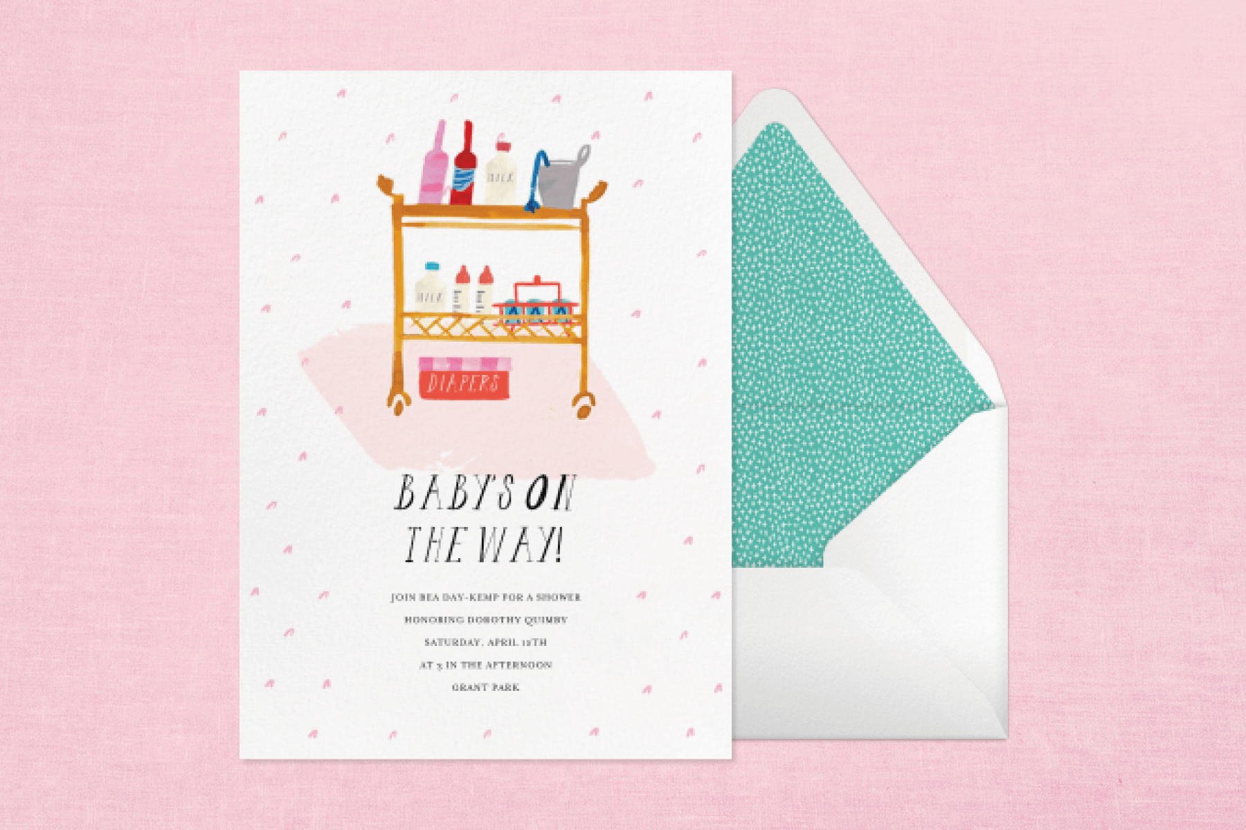 A baby shower invitation featuring an illustration of a bar cart.