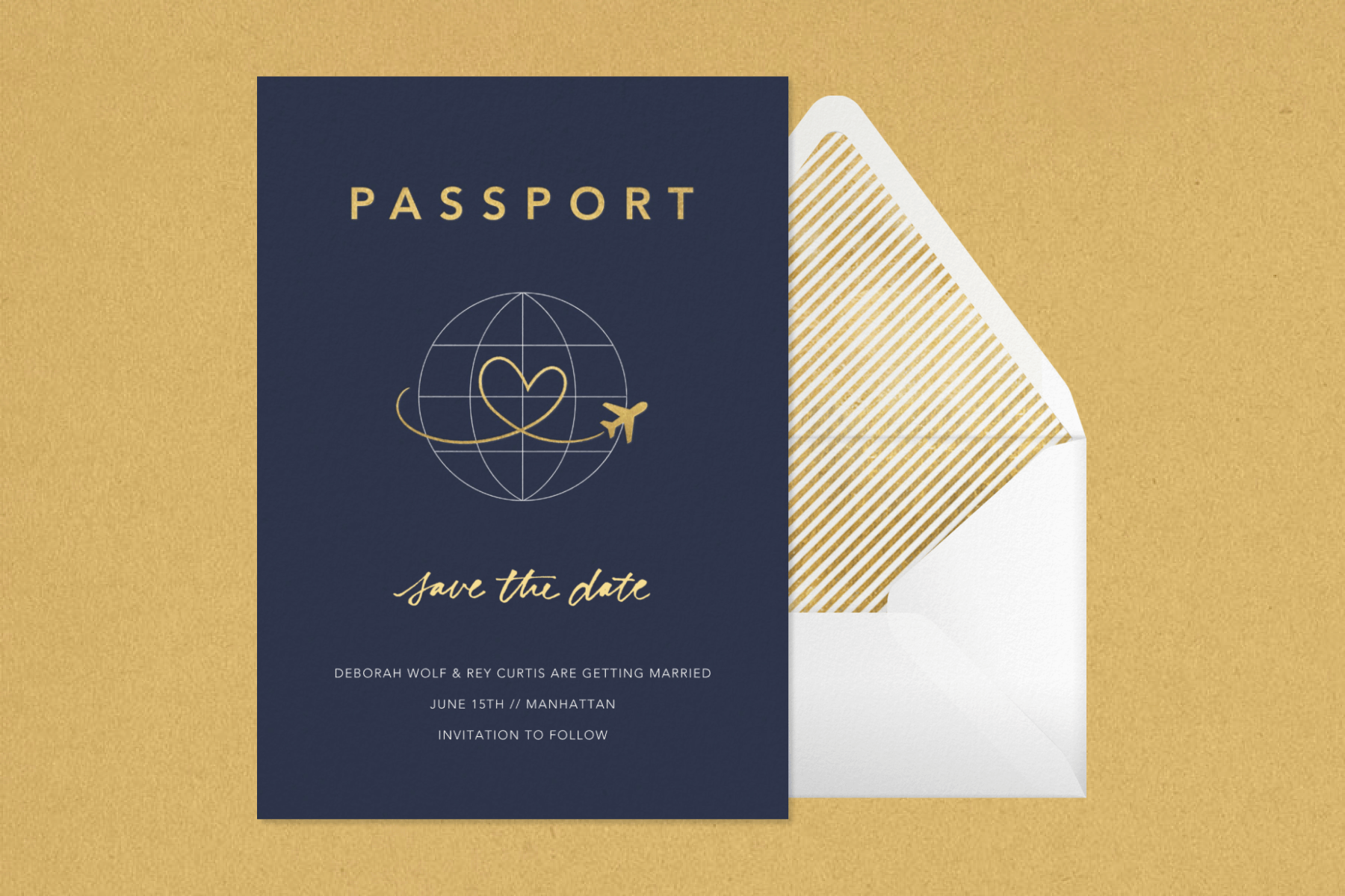 A navy blue save the date with a passport theme and a plain making a heart-shaped trail across the globe.
