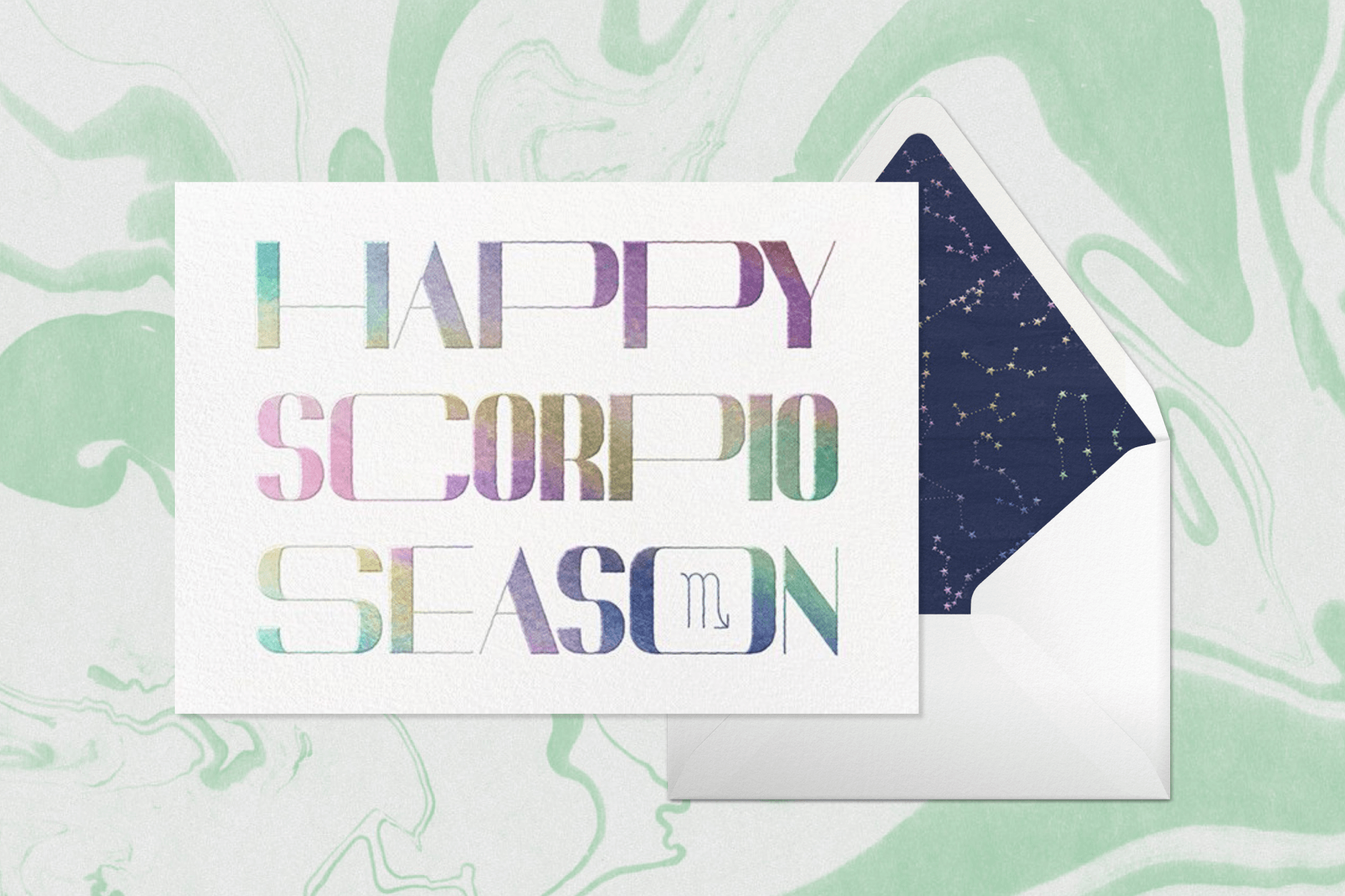 An invitation for a Scorpio-themed party featuring rainbow-colored text and a constellation-themed envelope liner.