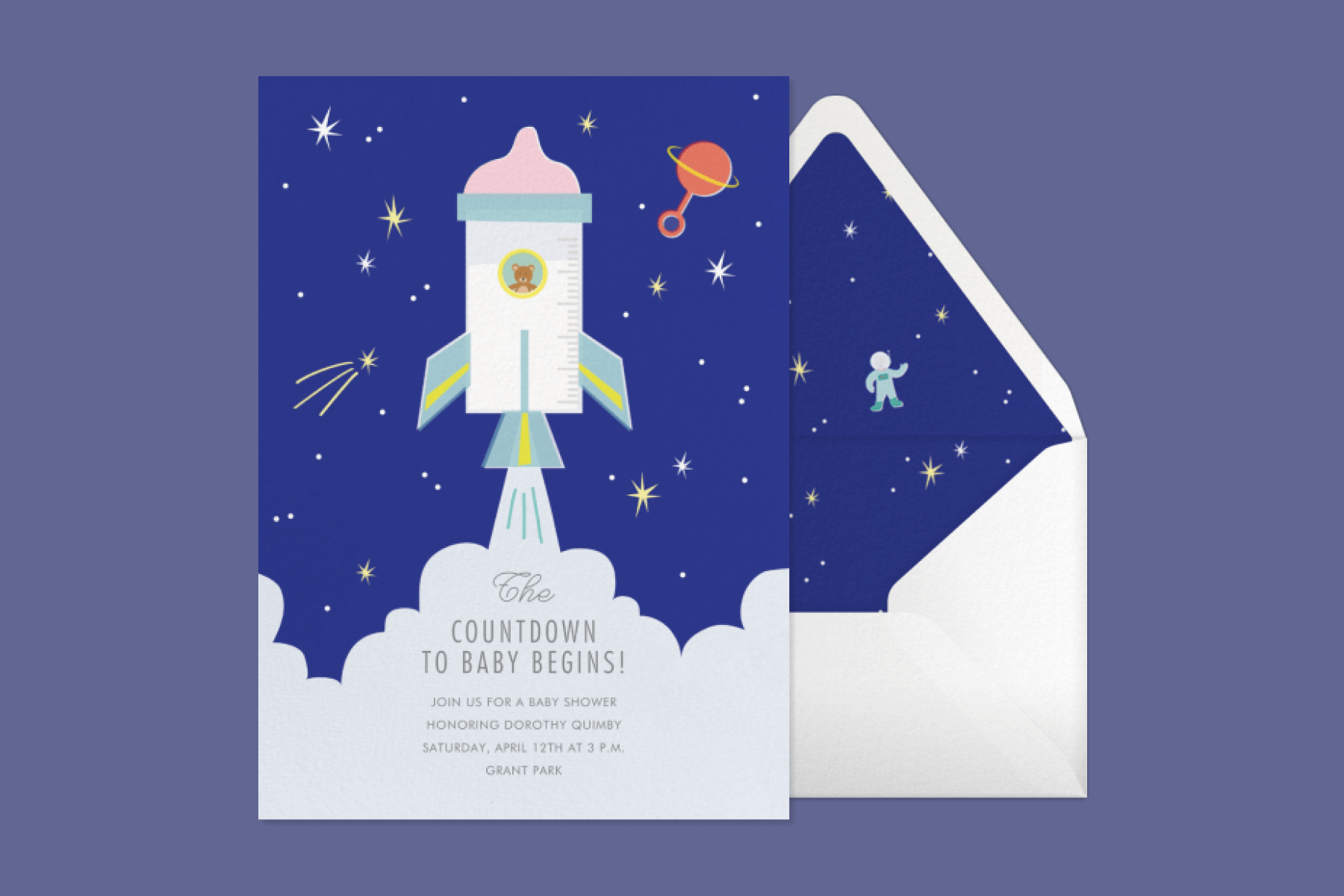 A baby shower invitation featuring an illustration of a rocket ship shaped like a baby bottle.