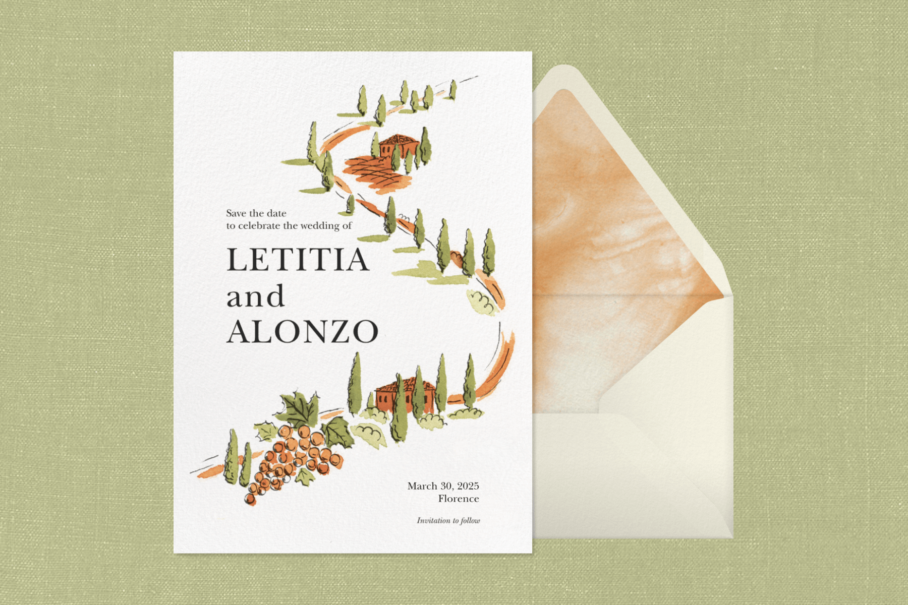 A save the date with an orange and green Tuscan scene by an envelope with a subtle orange liner.