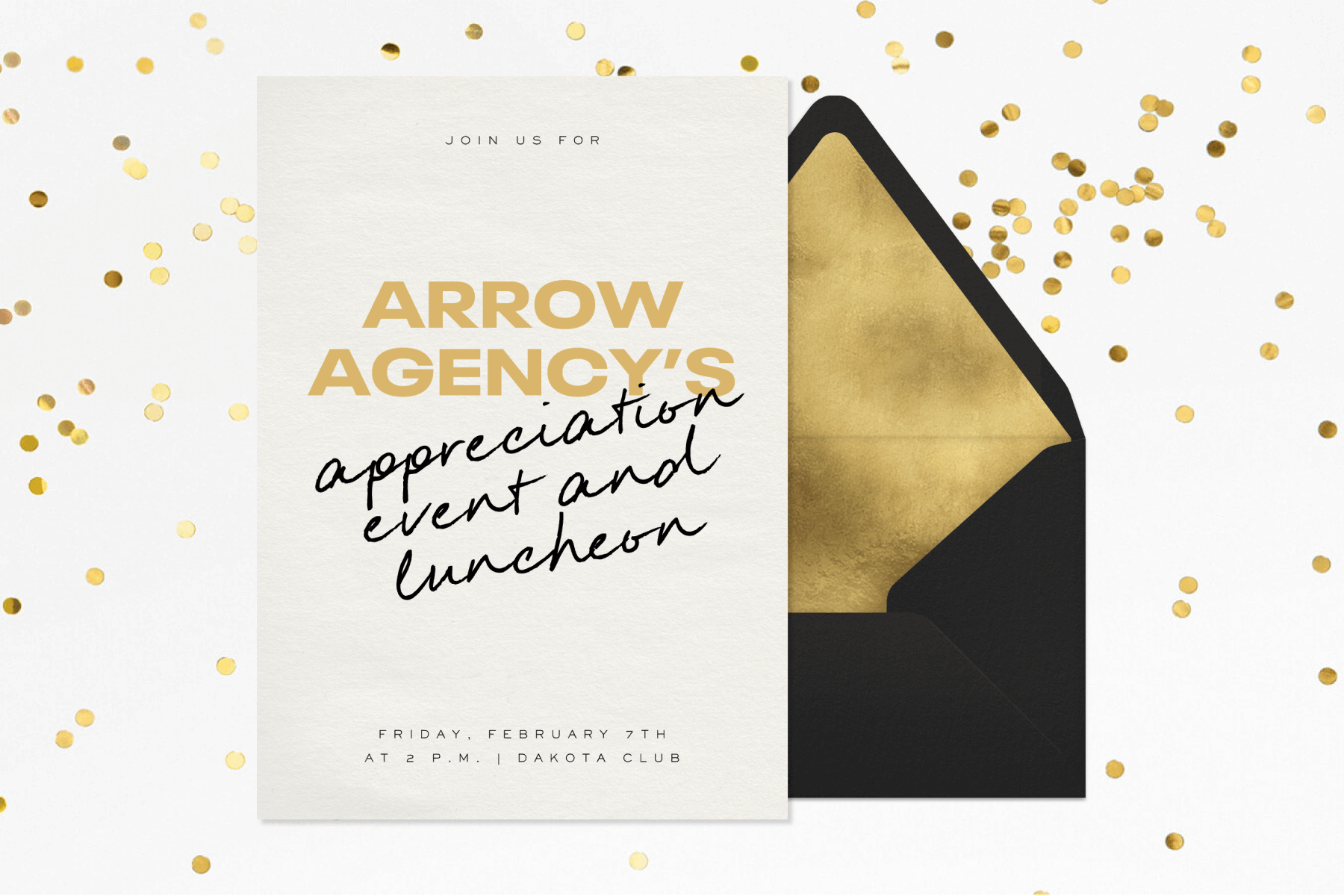 An appreciation event invitation with gold text and black cursive text in front of a black envelope with a gold liner.
