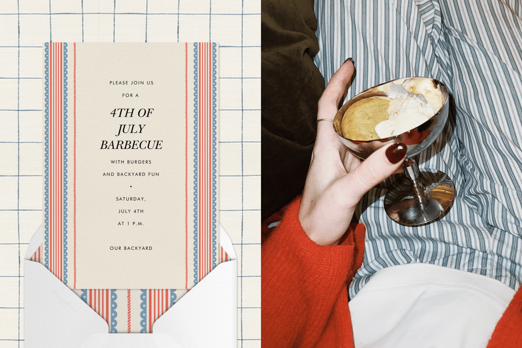 Left: A red, white, and blue-bordered 4th of July barbecue invitation sits atop a white envelope with similar border detailing against a black-and-white grid backdrop. Right: An image of a person in a red sweater and pinstriped lounge pants holding a stainless steel dessert cup filled with ice cream and a cookie.