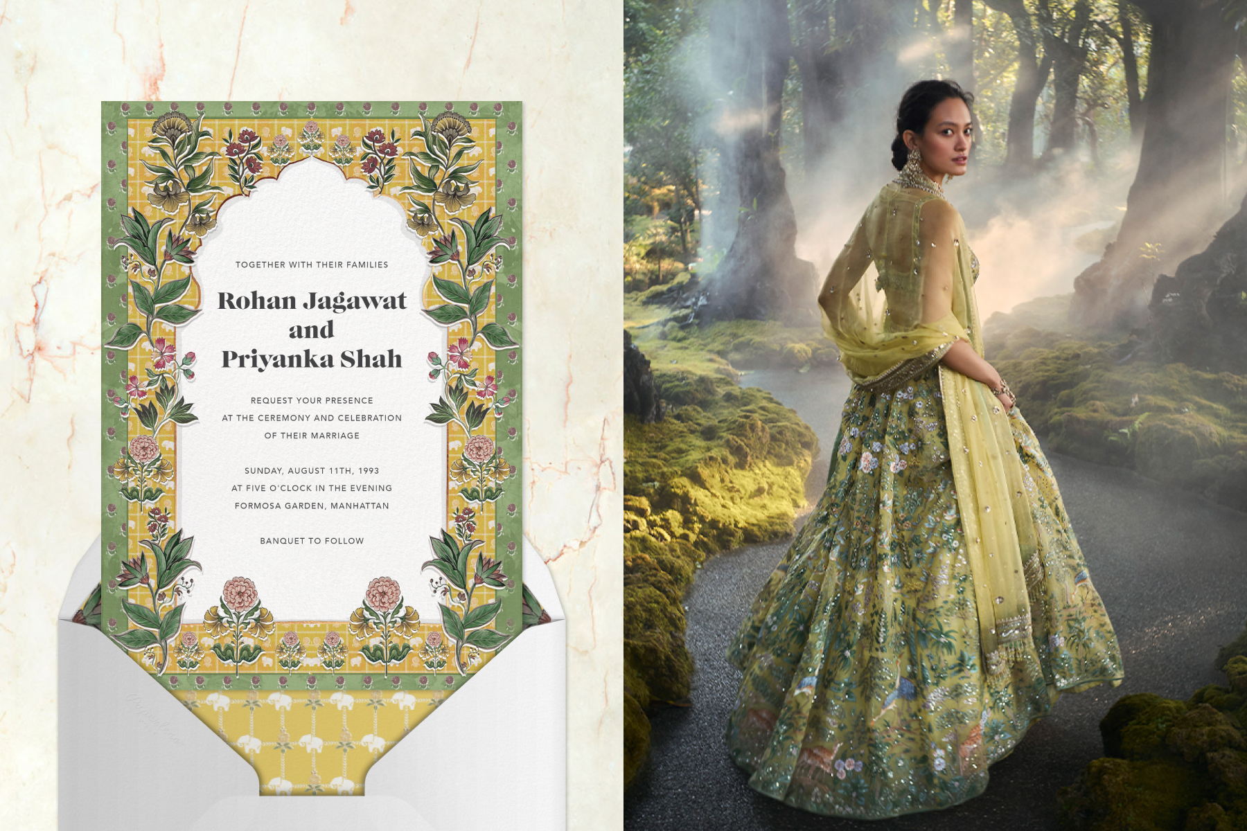 An Indian wedding invitation with a yellow and green border with multicolored florals; A woman posing in the forest in a yellow and green gown.