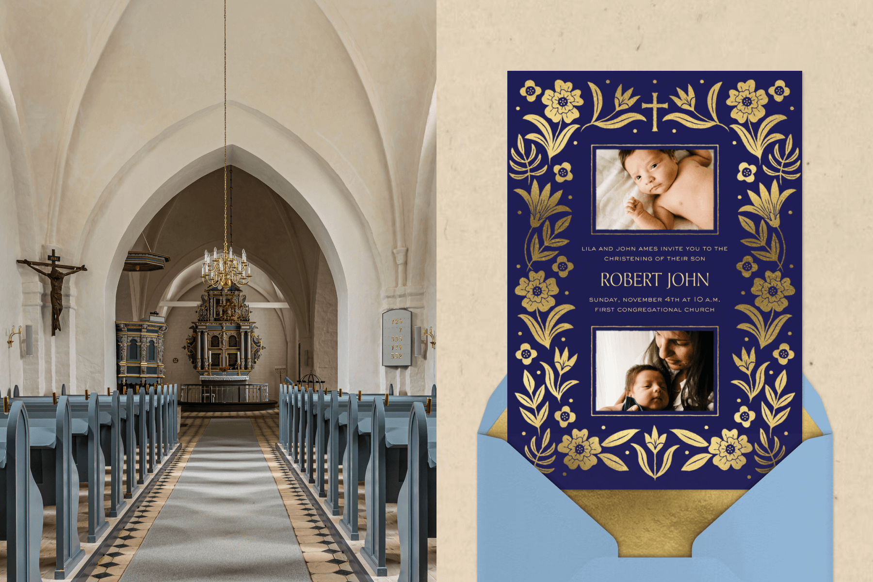 A church sanctuary with a vaulted stone ceiling, aisle with a gray runner, and blue pews flanking the aisle; A baptism invitation with a dark blue background and a border of gold floral and cross illustrations paired with a light blue envelope and gold envelope liner, all on a beige background.