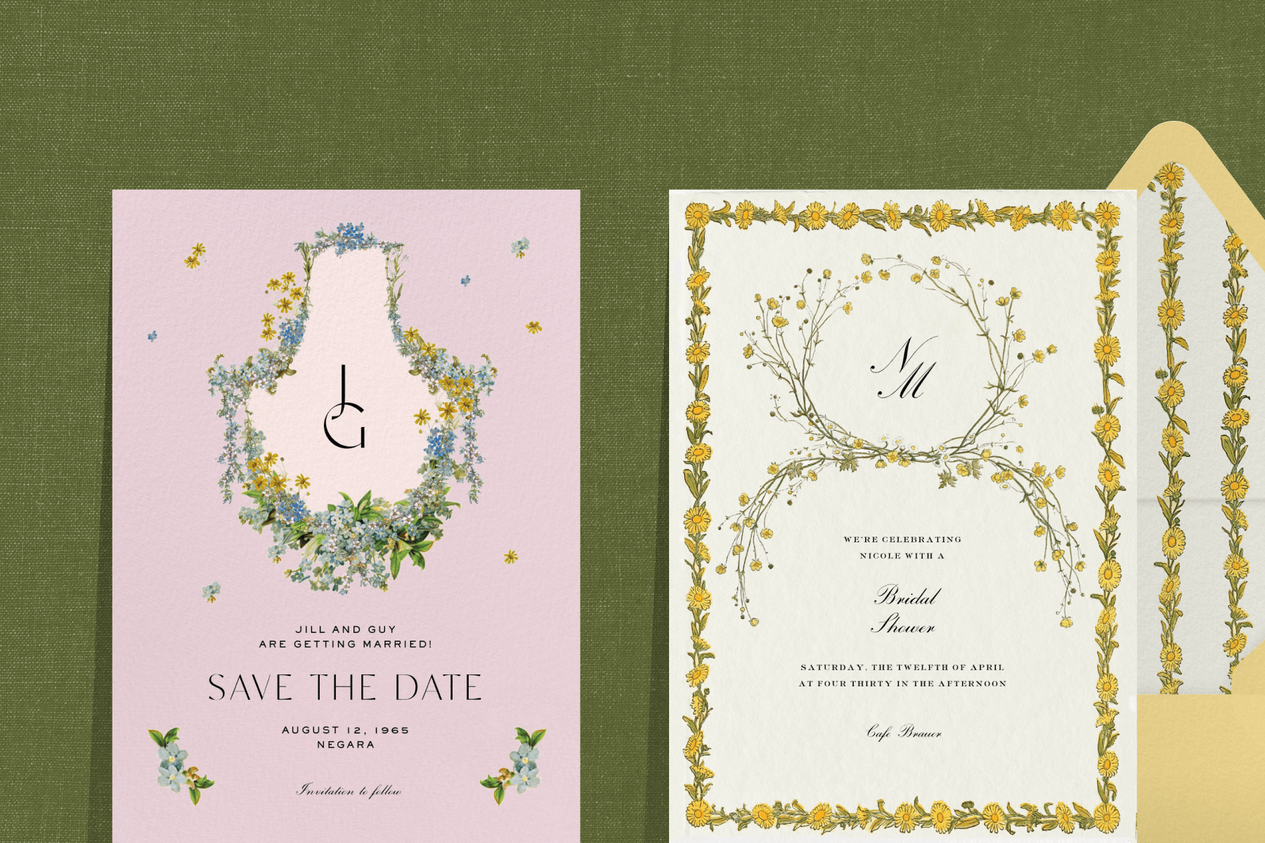 A purple save the date card with floral details and a white wedding invitation with a yellow floral border and a matching envelope sit on top of a dark green backdrop.