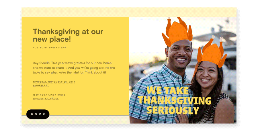 Yellow online invitation for “Thanksgiving at our new place” with a photo of a man and woman overlaid with animated cooked turkey hats and the words “We take Thanksgiving seriously.”