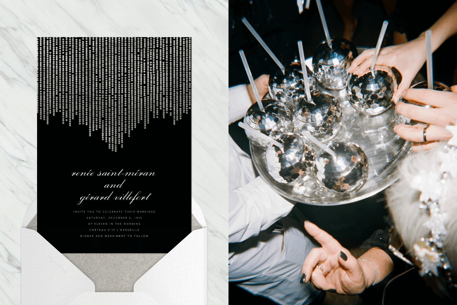 left: A black invitation with silver beaded strings hanging from the top on a marble backdrop. Right: Hands reach for disco ball-shaped drinks with straws on a silver serving platter.