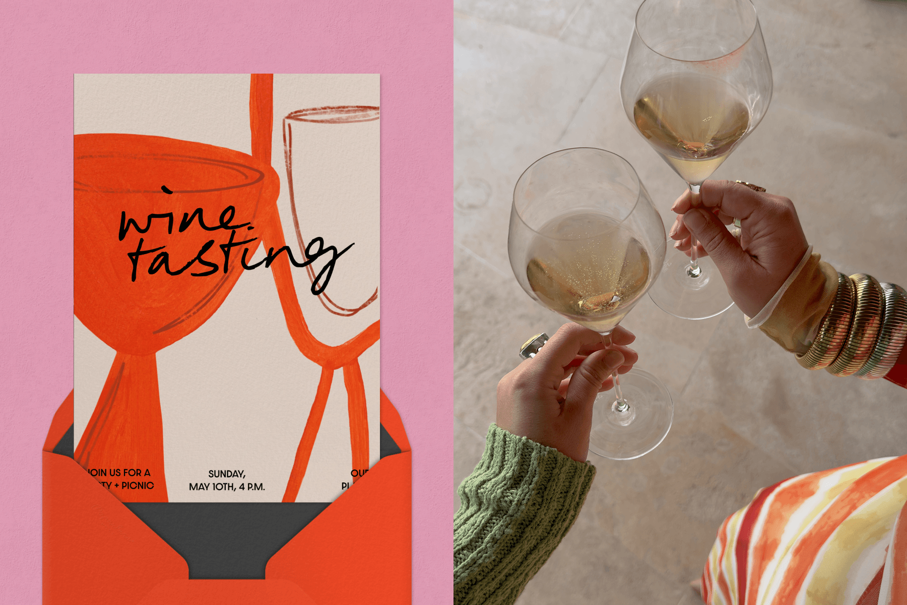 Left: An invite for a wine tasting event featuring a red illustration of two wine glasses and black cursive text coming out of a red envelope over a pink background. Right: Two hands holding up glasses of white wine.
