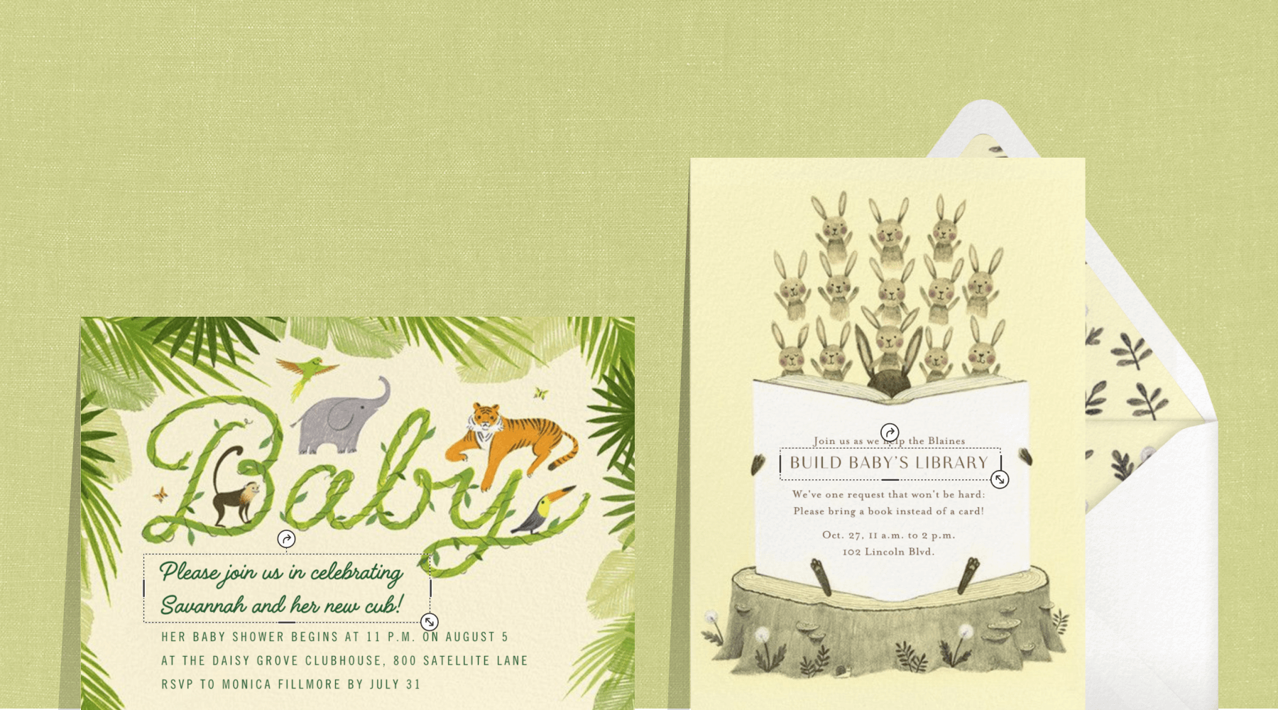 An invitation says ‘Baby’ in leafy letters with jungle animals around it; an invitation with several rabbits reading from a large book.