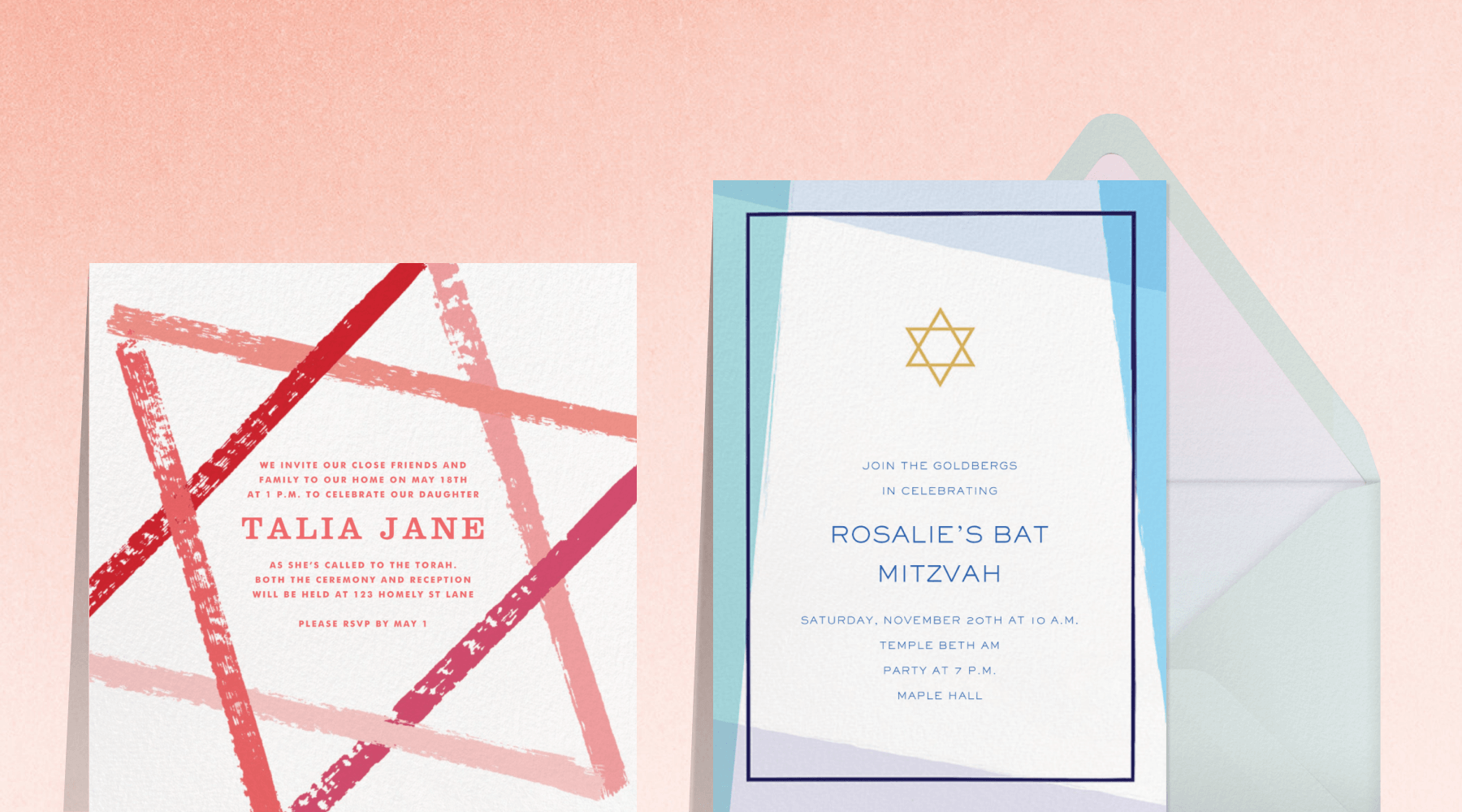 A square invitation with a large pink Star of David design; an invitation with an abstract blue border and a small gold Star of David.