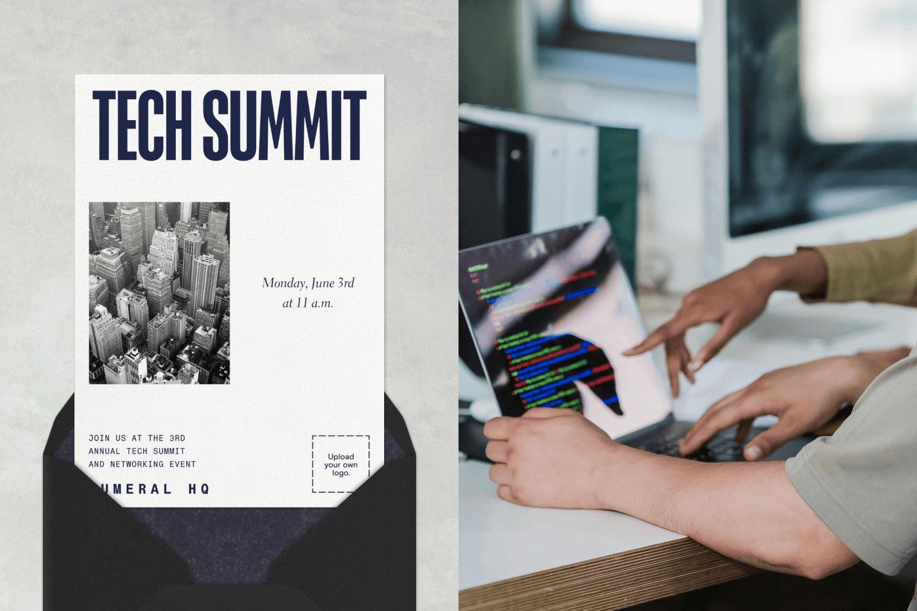 A ‘tech summit’ invitation with a black and white aerial photo of city buildings; the hands of two people gesture towards a laptop screen.