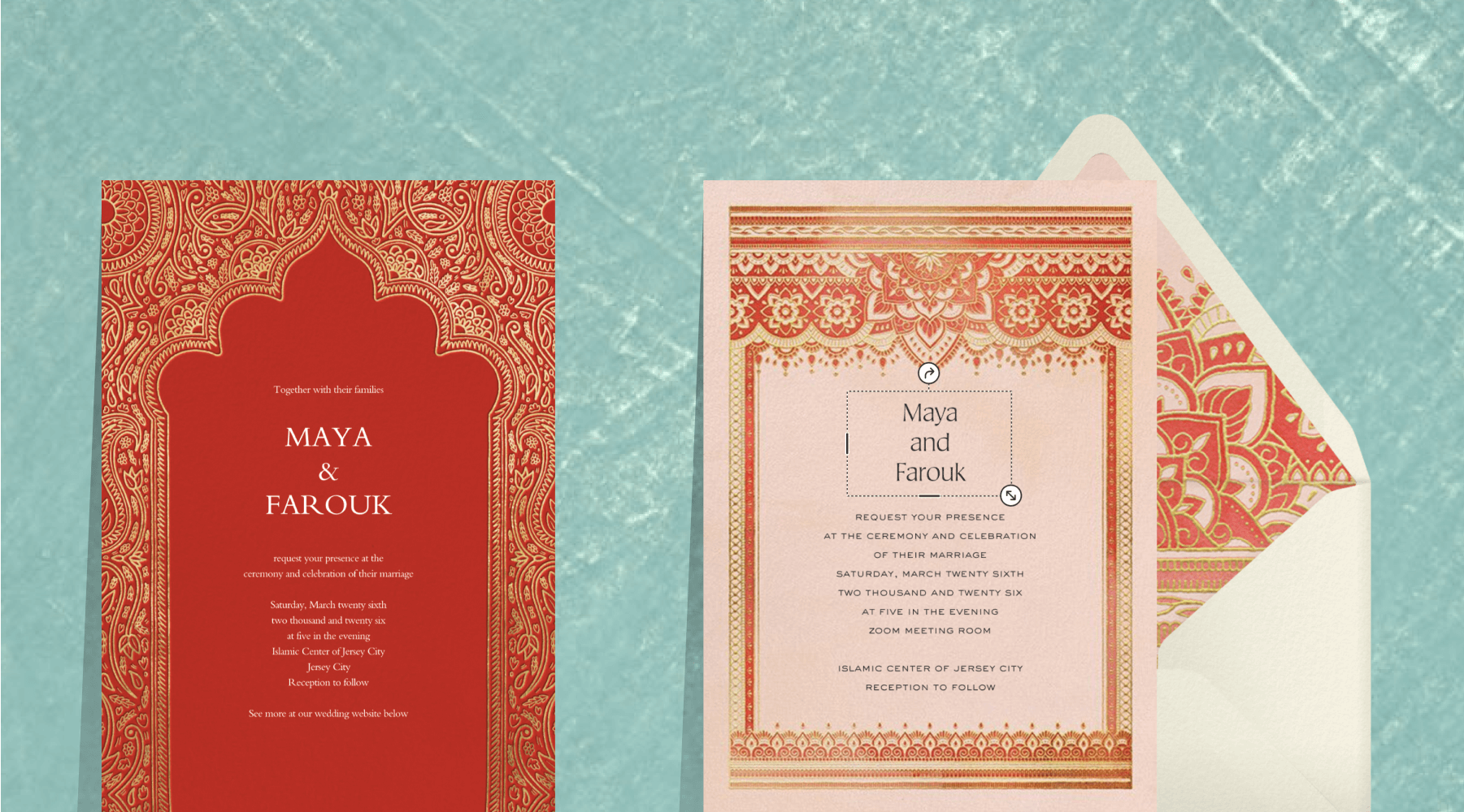 A red and gold invitation with an ornate arch at the center; an invitation with an ornate red and gold mandala-inspired border.