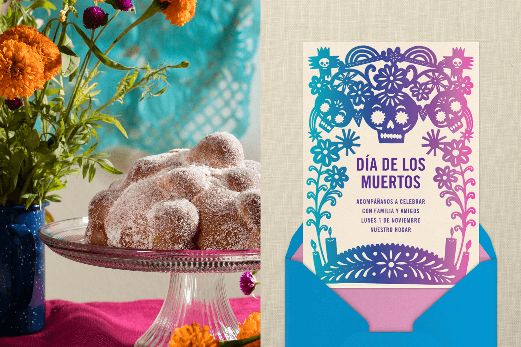 Left: Pan de muerto on a glass cake stand with a vase of flowers; Right: A Dia de Muertos invitation with an illustrated frame of blue and pink flowers and skulls.