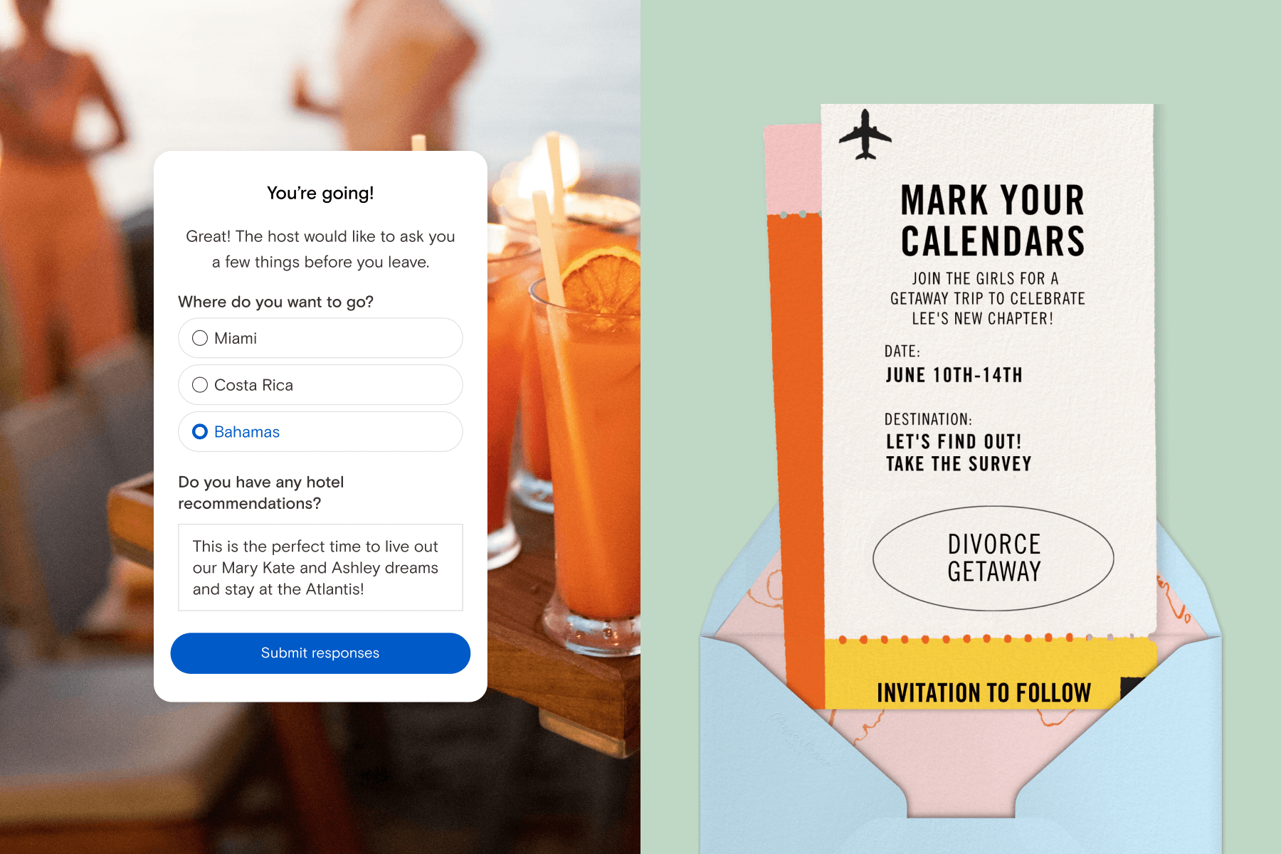 A dialogue pop-up with a poll for voting where to go on a trip, paired with a background of cocktails outside; A party invitation in the shape of a plane ticket paired with a blue envelope, pink patterned envelope liner, and mint green background.