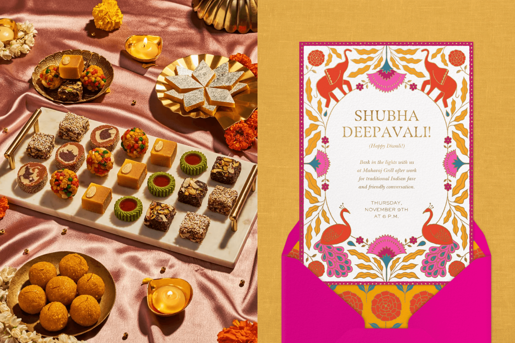 Left: An assortment of Diwali desserts; Right: A Diwali invitation with a peacock and elephant border.