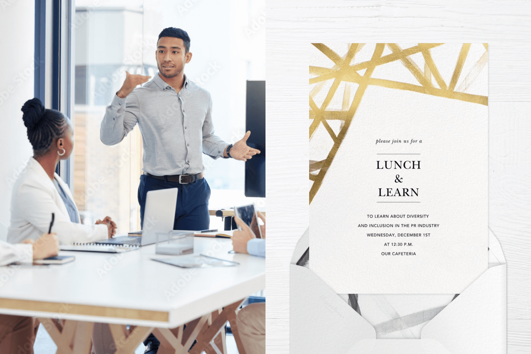 Left: An office meeting is shown with a man speaking to a group of employees listening at a white conference table with laptops and notebooks. Right: A white invitation reads in black text “please join us for a lunch & learn” with a gold brush stroke border and a matching envelope liner. 