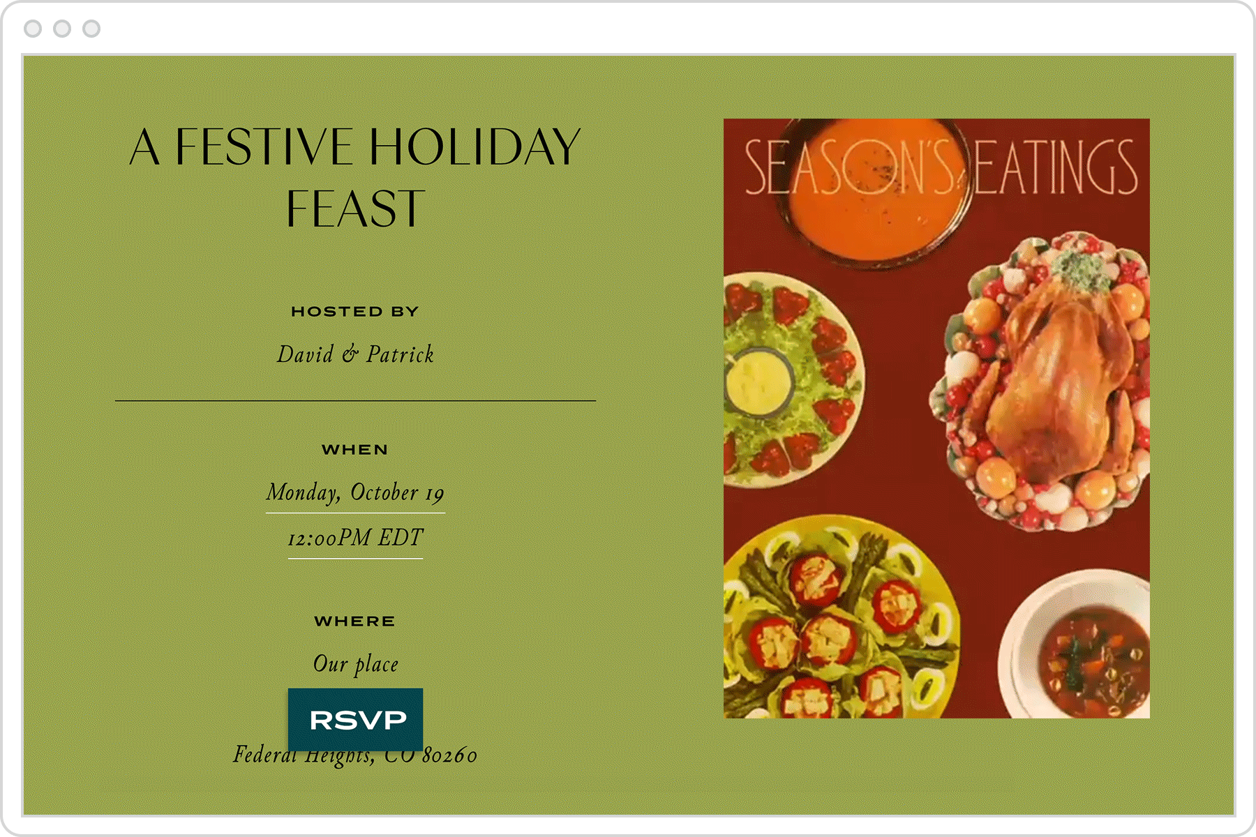 A Paperless Post event page with a green background and a Flyer invite featuring vintage photos of a roast turkey, soups, and salads on a deep red backdrop with text reading ‘Season’s eatings’.