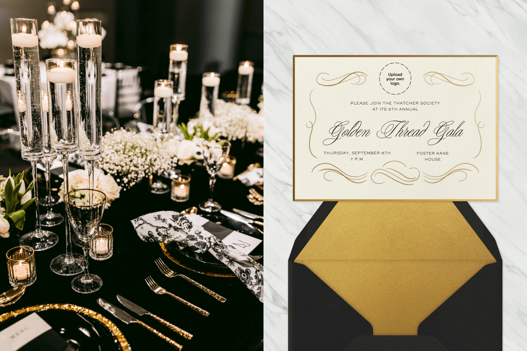 Left: A table is decorated with tall champagne glasses, a black tablecloth, gold and black tableware, votive candles, and flowers. Right: A black and gold invitation with delicate flourishes features calligraphy script that reads “golden thread gala” above a matching gold envelope liner.