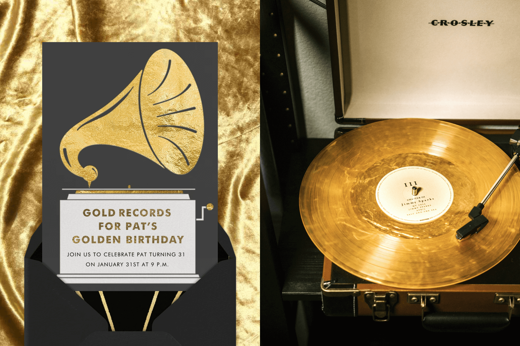 A black birthday invitation with gold text that reads ‘GOLD RECORDS FOR PAT’S GOLDEN BIRTHDAY’ and a graphic of a gold record player, paired with a black envelope, gold and black striped envelope liner, and a gold fabric background; A gold record sitting inside an open Crosley record player.