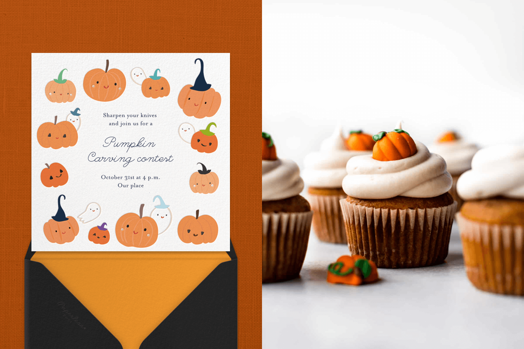 Left: A square pumpkin carving contest invitation with illustrated smiling pumpkins around the border. Right: Cupcakes with white frosting and mini fondant pumpkins on top.