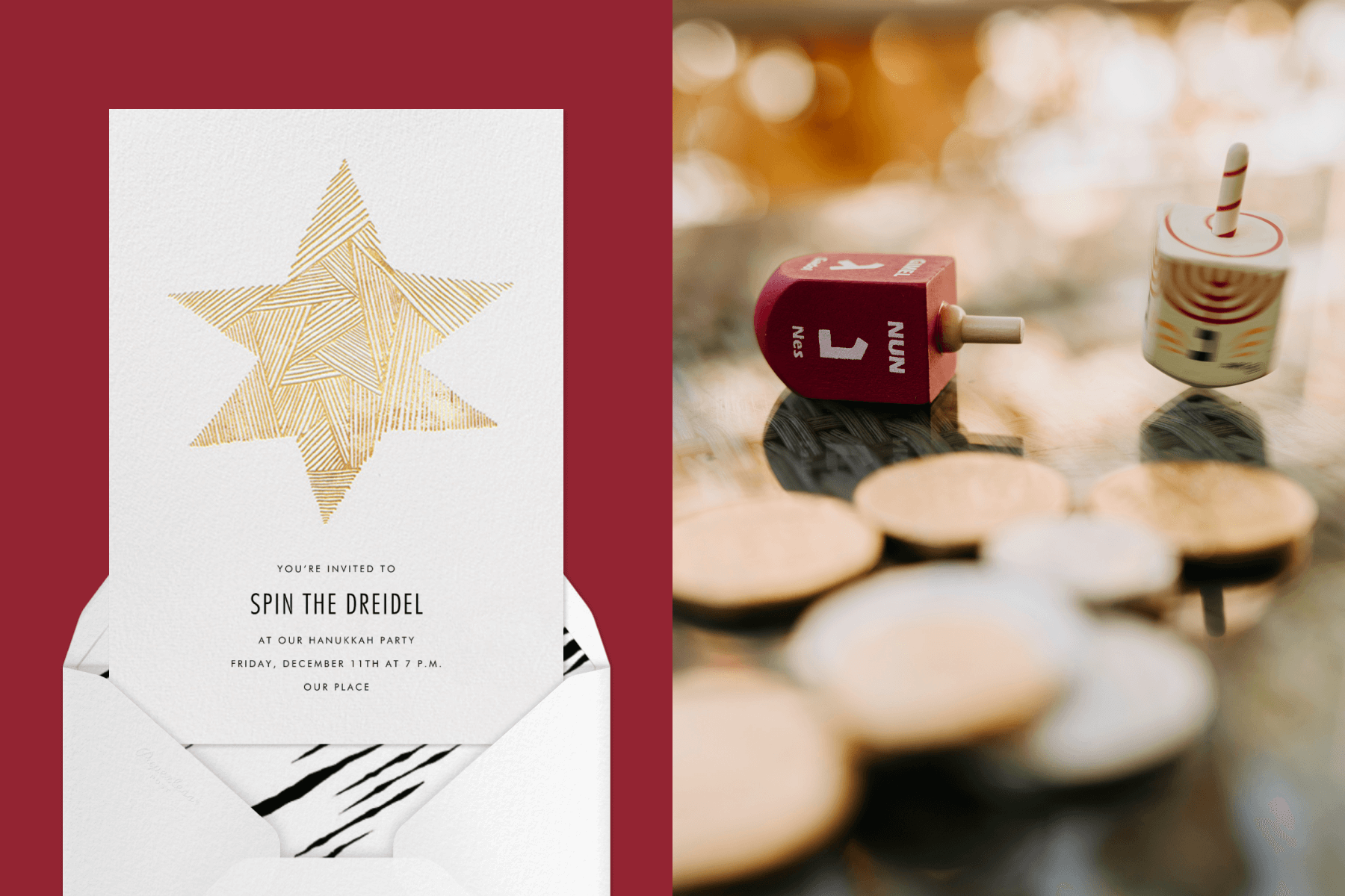 A white Hanukkah card with a gold star. Right: Two dreidels.