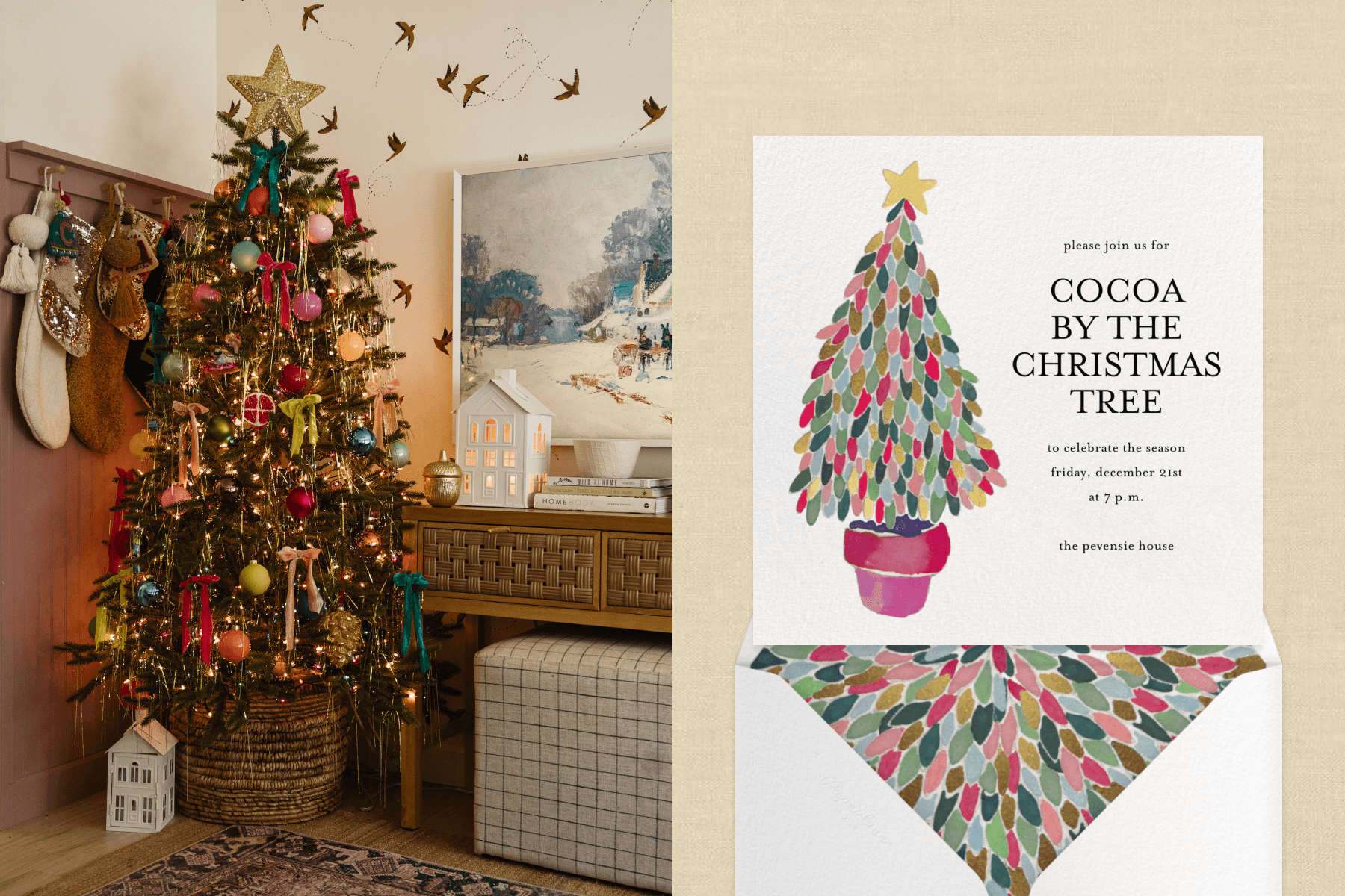 A shabby-chic, maximalist Christmas tree in a wood-paneled corner with colorful bows and ornaments; an invitation with a Christmas tree that appears to be made of rainbow-colored feathers.