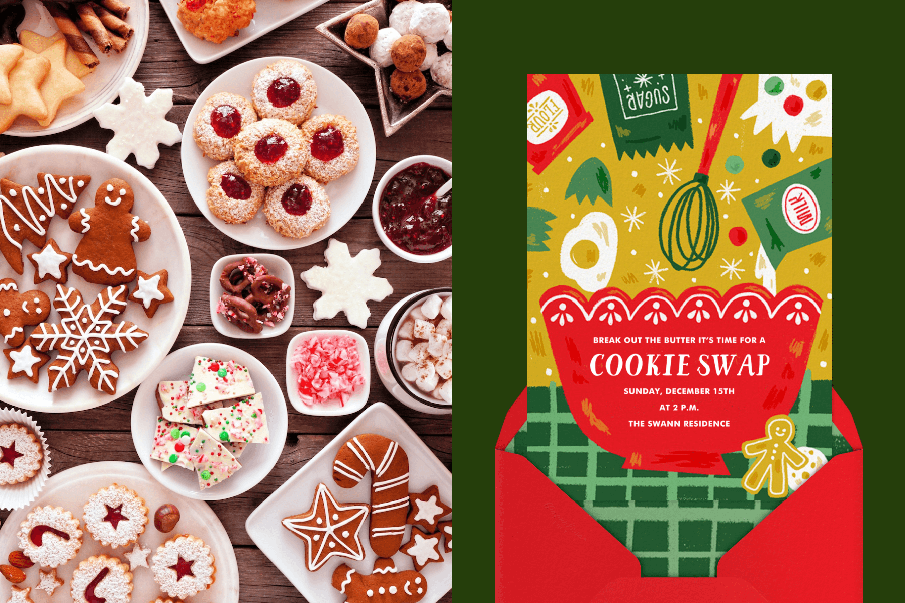Left: An assortment of holiday cookies on plates; Right: A holiday party invitation with an illustration of cookie-baking supplies.
