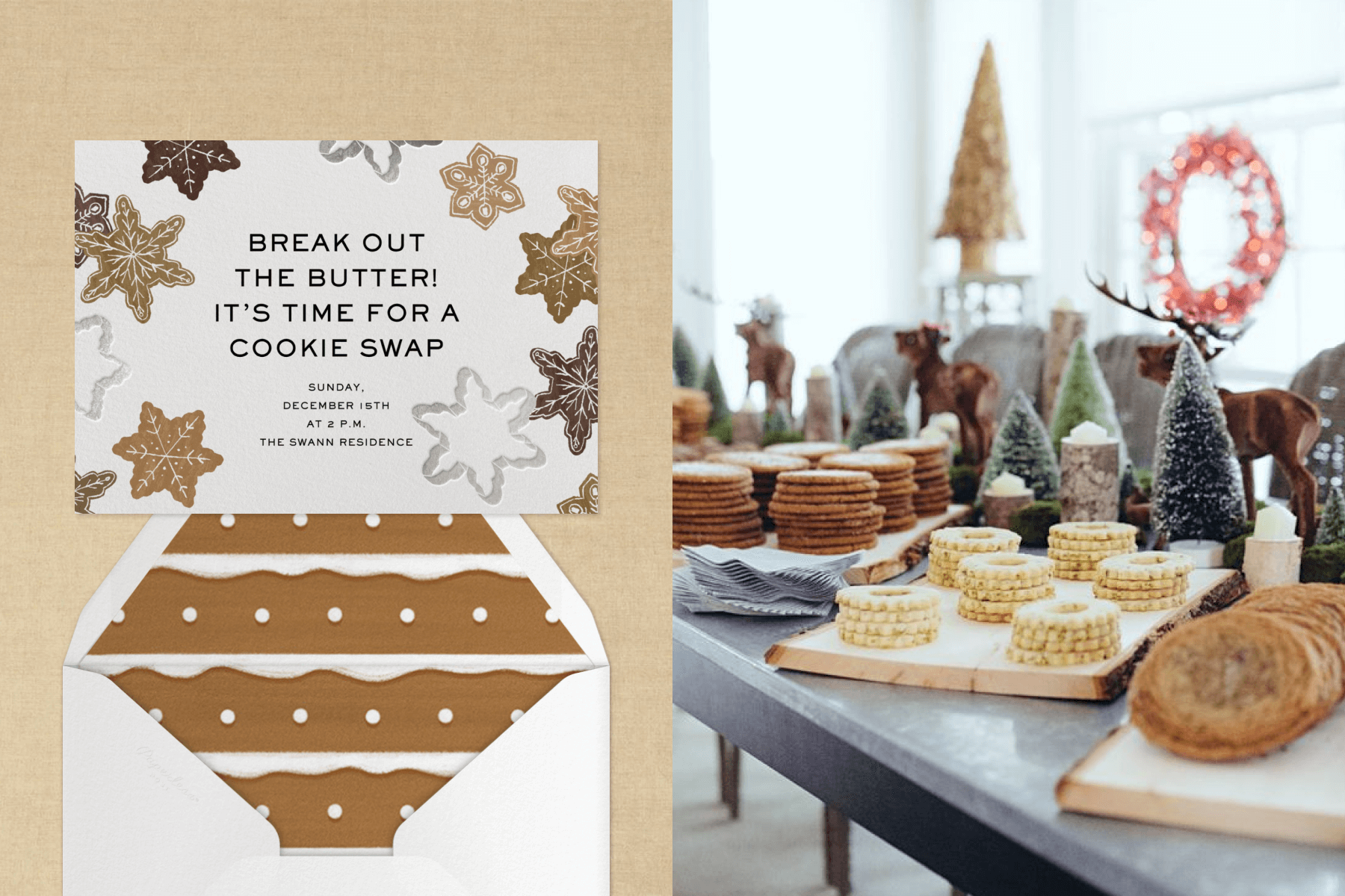A cookie swap invitation with snowflake-shaped cookies and cookie cutters; a table with different varieties of stacked cookies, pipe cleaner trees, and deer decorations.