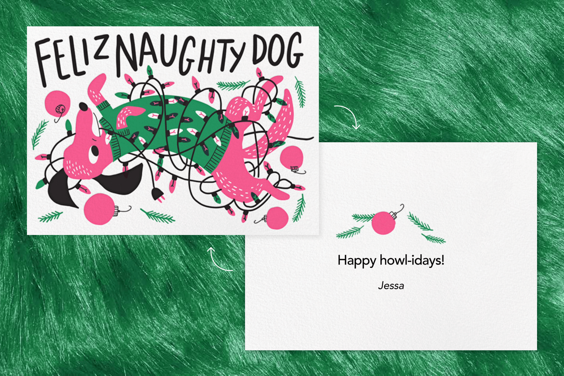 A card with a pink dog in a green sweater tangled in string lights and the words “feliz naughty dog,” and the flip side of that card.