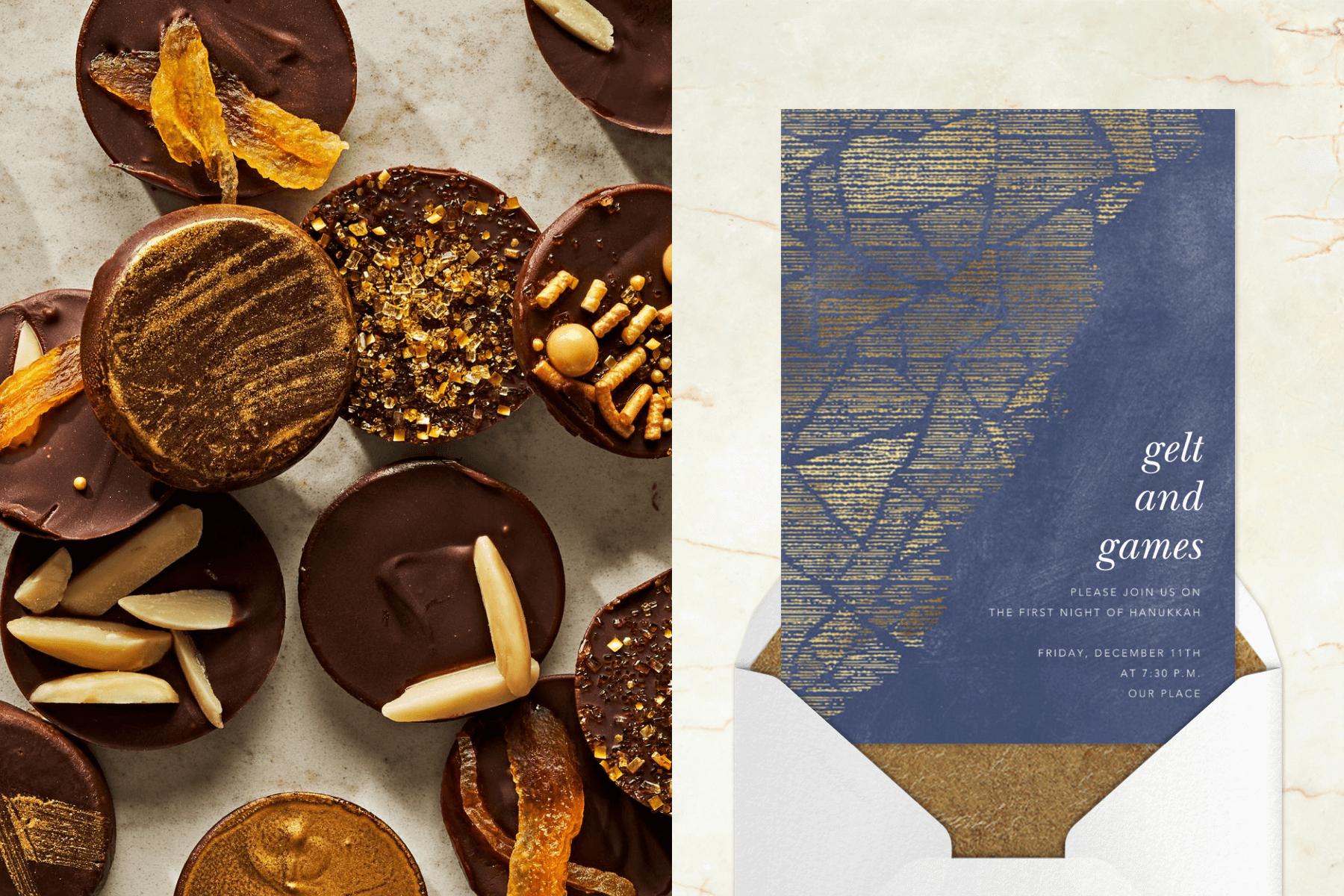 Left: Round chocolates decorated with gold dust, sugar, and sliced nuts. Right: A blue Hanukkah party invitation with sketched abstract gold shapes in the top left corner and a white envelope.