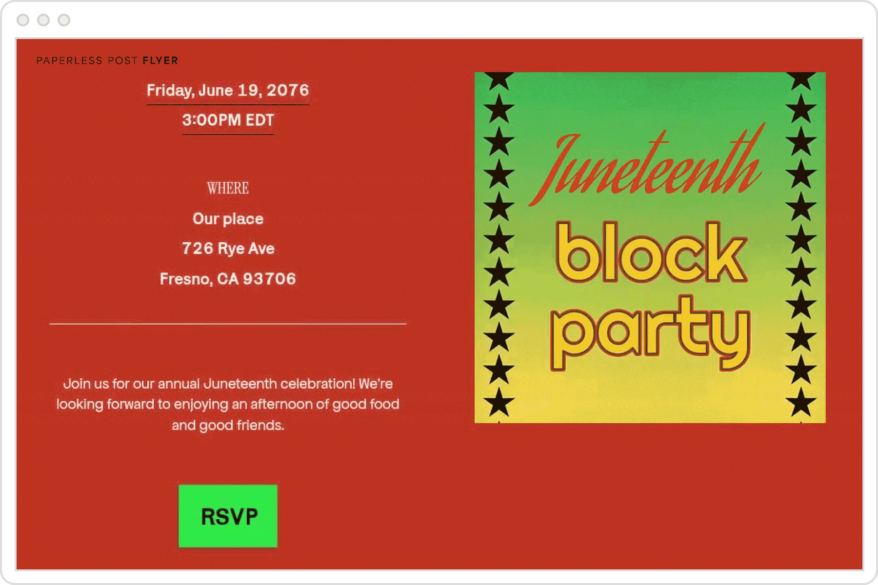 A Juneteenth block party Flyer with a yellow and green gradient colorway and stars on either side, against a red backdrop.