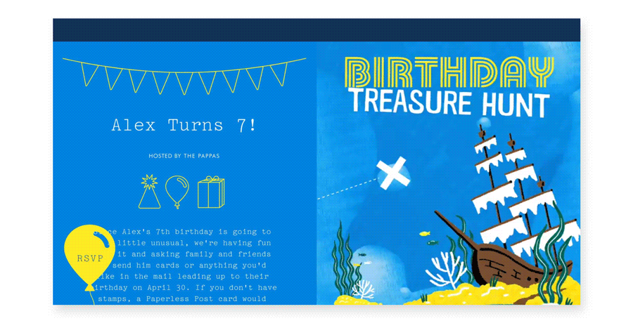 A blue online invitation reads ‘birthday treasure hunt’ with a pirate shipwreck underwater.