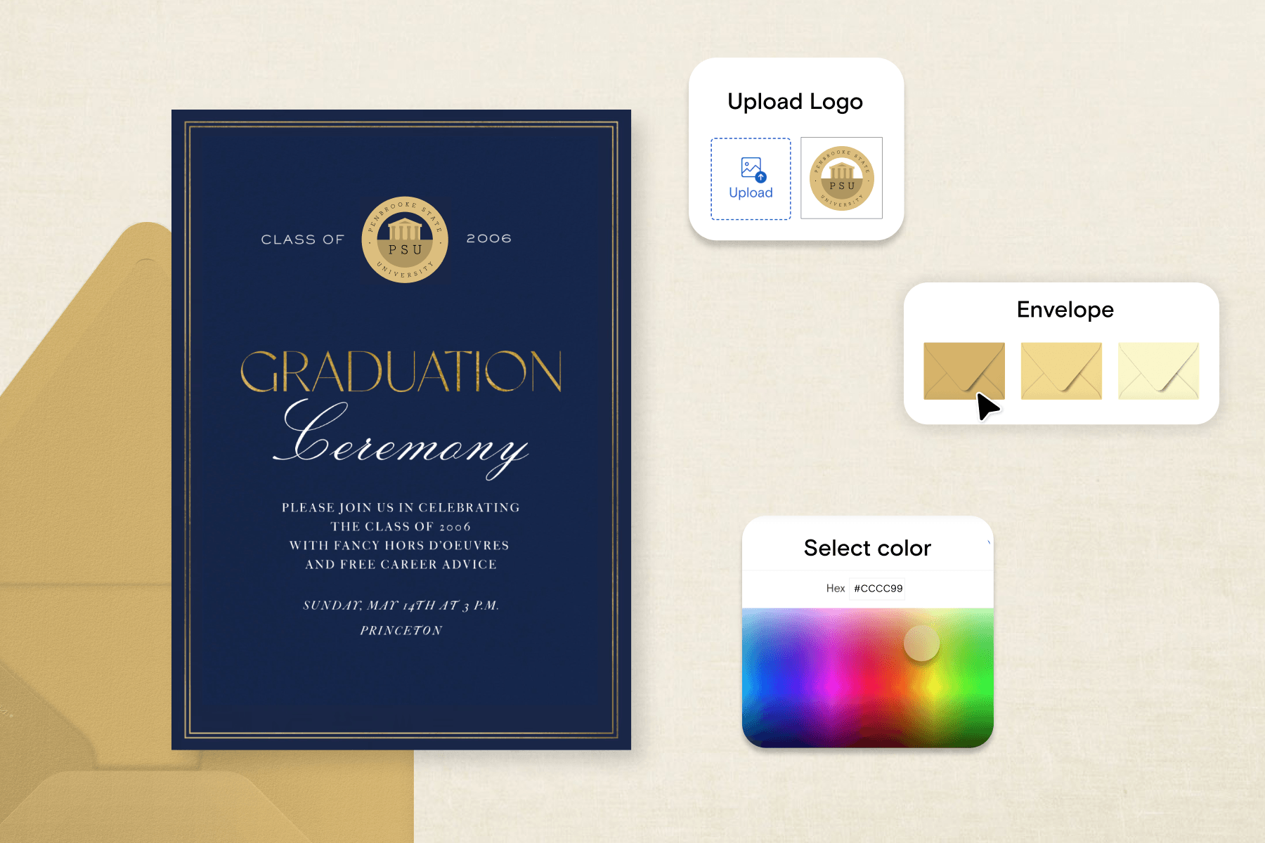 A navy blue graduation ceremony invitation next to a gold envelope, with three UI icons on the right side detailing logo and color customizations against a cream-colored background.
