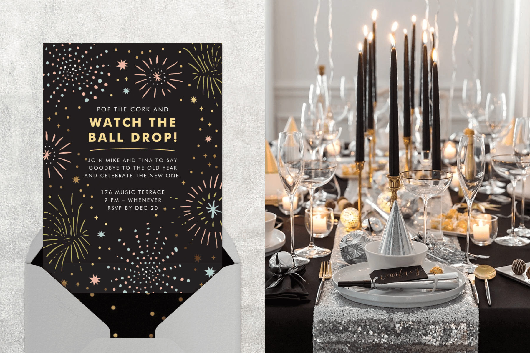 A black invitation with pastel fireworks; a table set with black, silver, and gold party theme. 