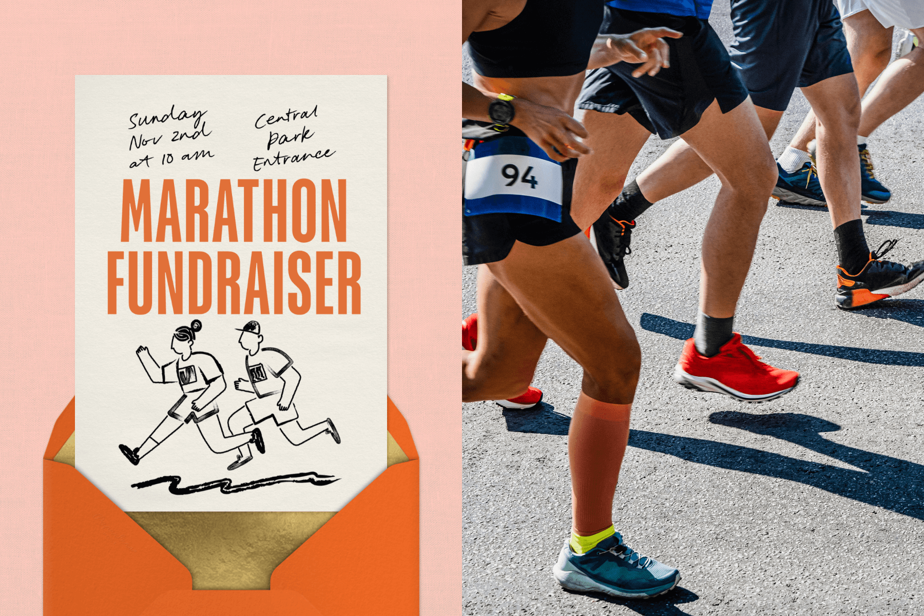 Left, an invitation to a marathon fundraiser showing two sketched runners, on top of an orange envelope with gold liner; Right, a photograph of the lower torsos and legs of four runners in motion. 