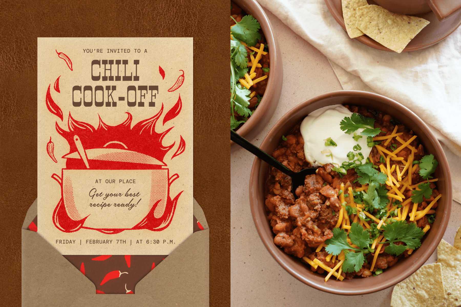 An invitation for a chili cook-off featuring an illustration of a flaming pot of soup and brown envelope; A bowl of chili topped with sour cream, cheese, and cilantro.