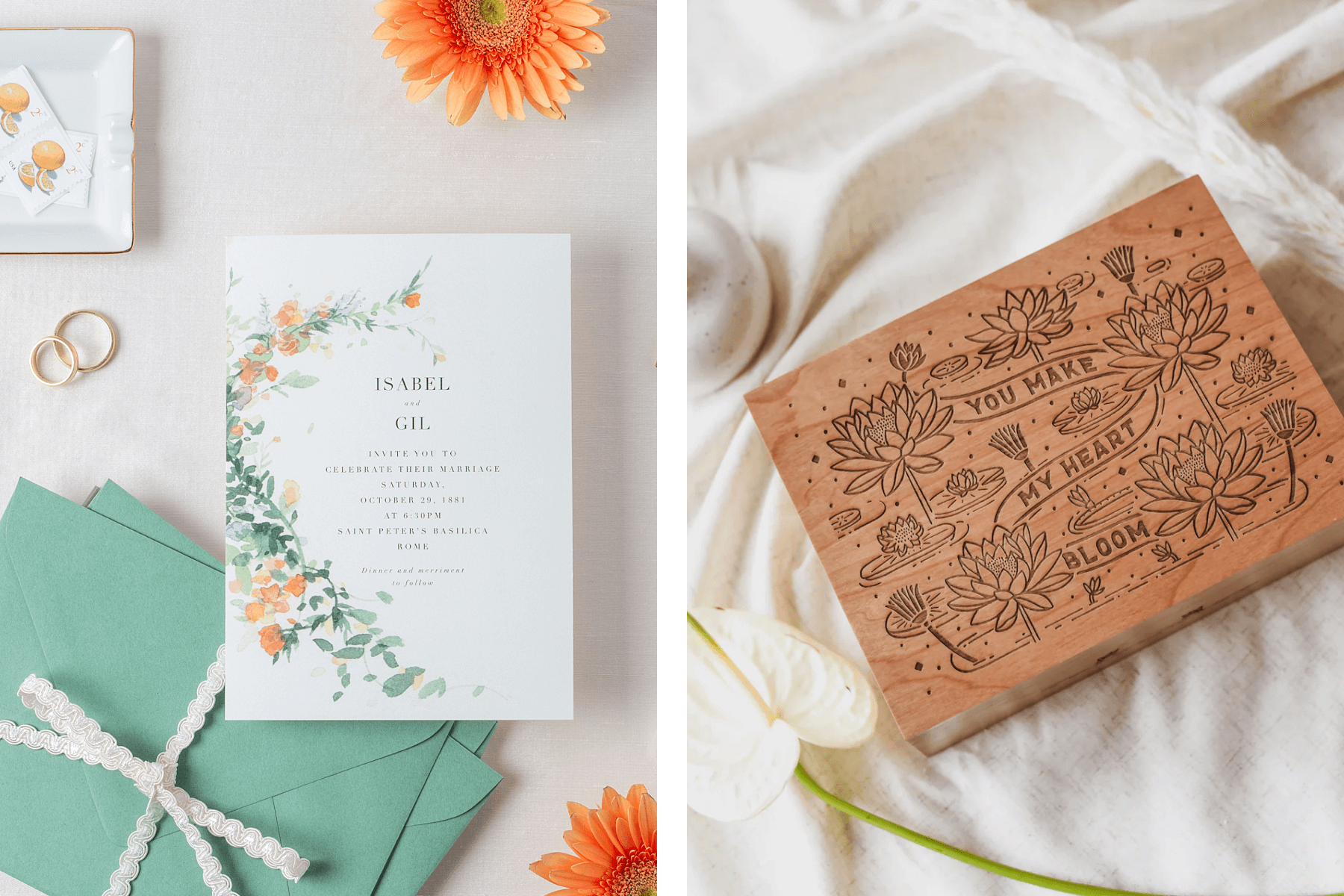 Left: A printed wedding invitation featuring a watercolor illustration of greenery and orange flowers sits on top of a stack of green envelopes wrapped in white ribbon. Right: A wooden keepsake box with designs engraved in the lid, including the words "You make my heart bloom." 