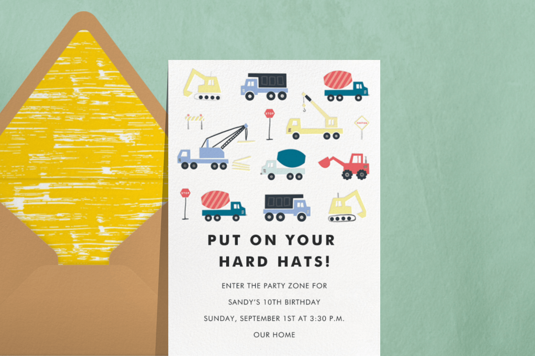 A kids’ birthday party invitation featuring trucks and construction equipment.