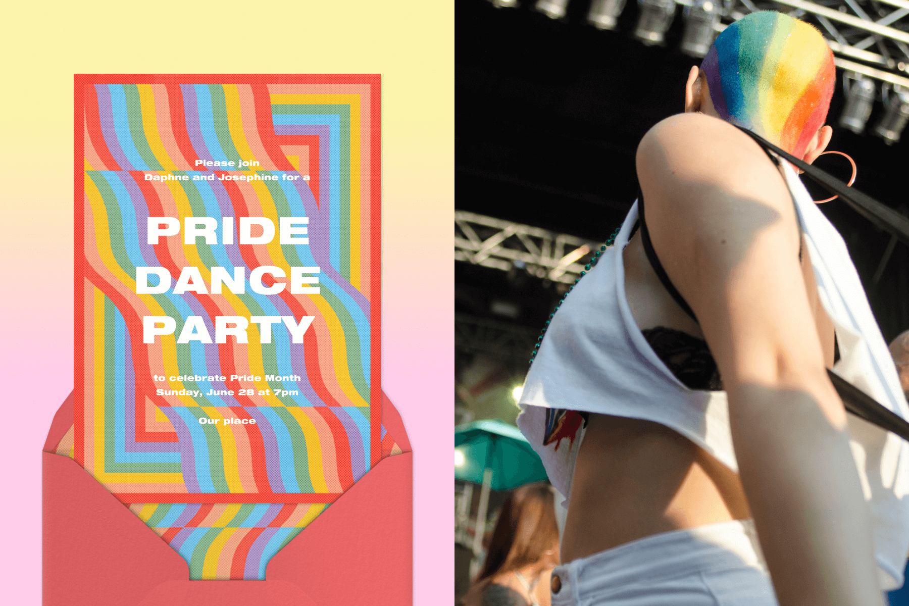 An invitation with geometric rainbow patterns overlapping and white text reading ‘PRIDE DANCE PARTY’; A person dancing in a white cropped top and rainbow paint on their head.