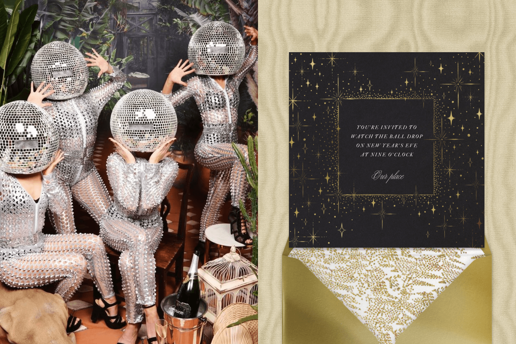 Women in glittery bodysuits wear disco balls over their heads; a black invitation with twinkling gold stars around the border.