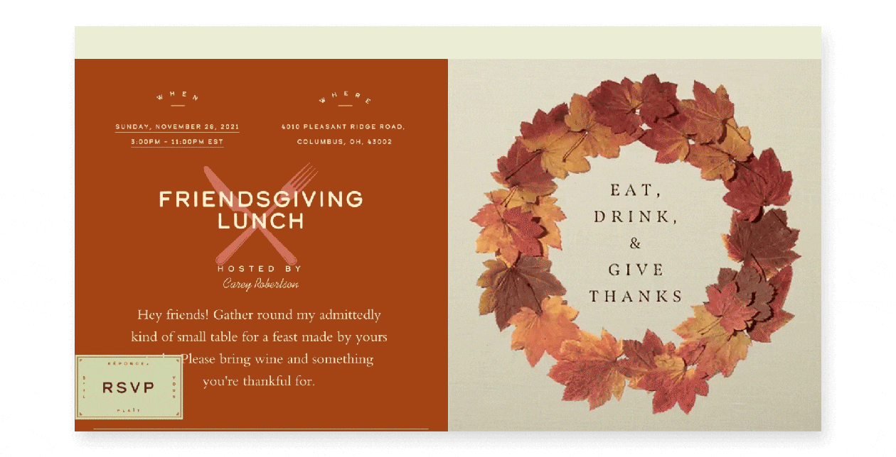 An online Friendsgiving lunch invite is orange on the left with a crossed fork and knife, and on the right is an animated wreath made of fall leaves with the words “EAT, DRINK, & GIVE THANKS.”